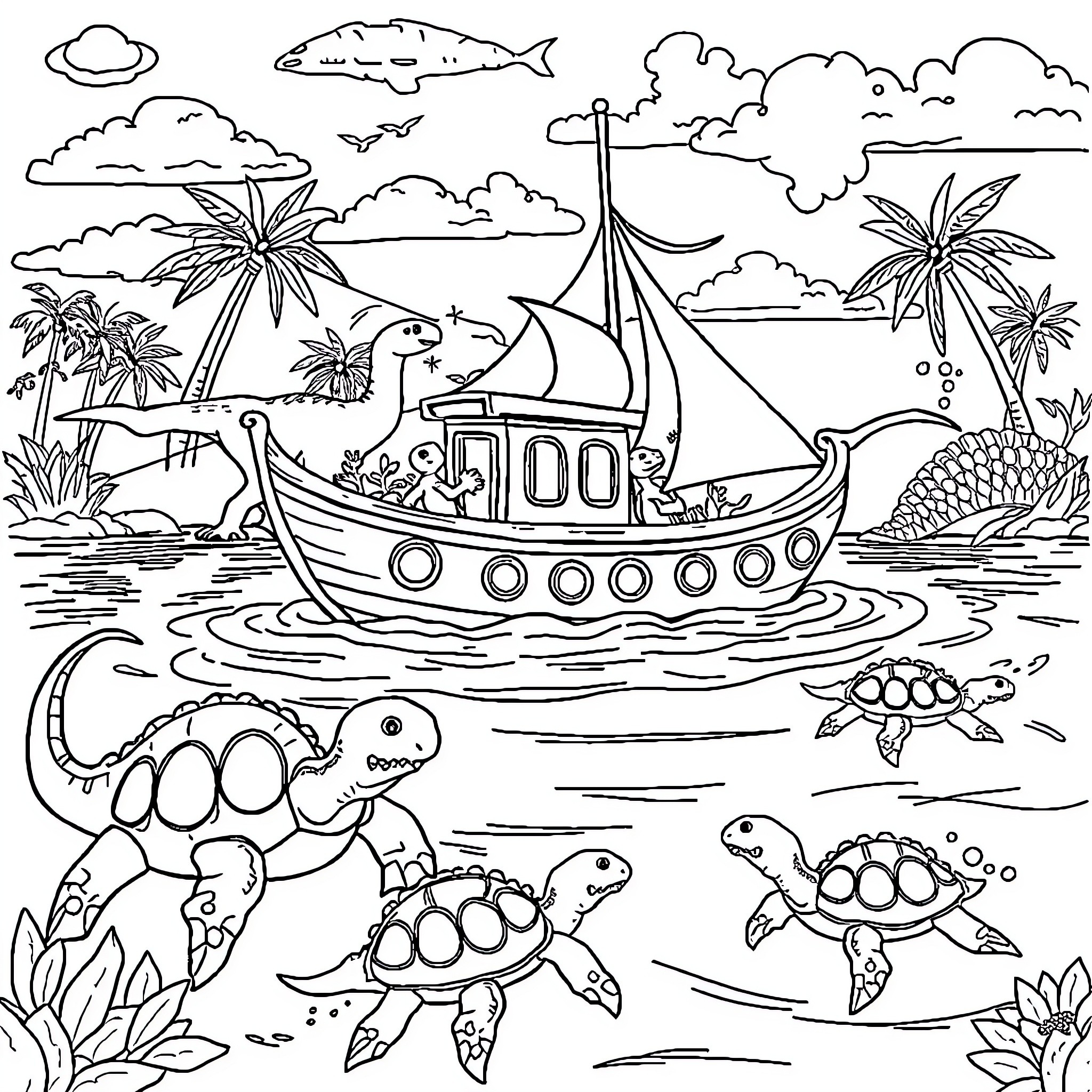 Boat sailing on a tropical ocean with marine life Coloring Page (free black-and-white line drawing printable PDF for all, from beginners to advanced learners, including children, teens, adults, and seniors)