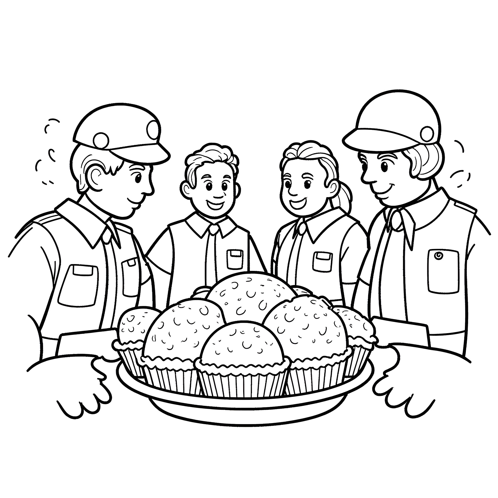 Muffin Bakers at Work Coloring Page (free black-and-white line drawing printable PDF for all, from beginners to advanced learners, including children, teens, adults, and seniors)