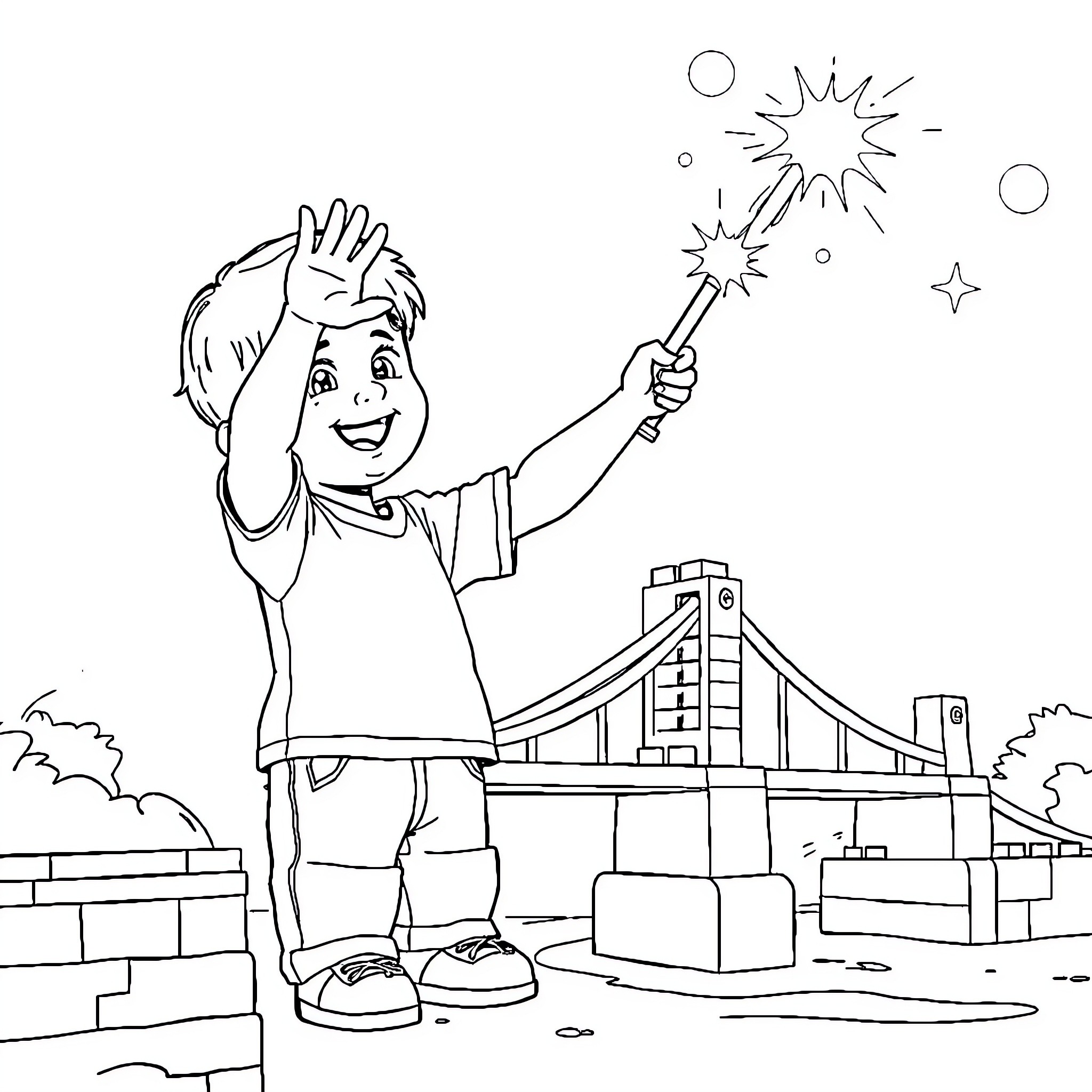 Boy Waving Sparkler in Front of Building Coloring Page (free black-and-white line drawing printable PDF for all, from beginners to advanced learners, including children, teens, adults, and seniors)