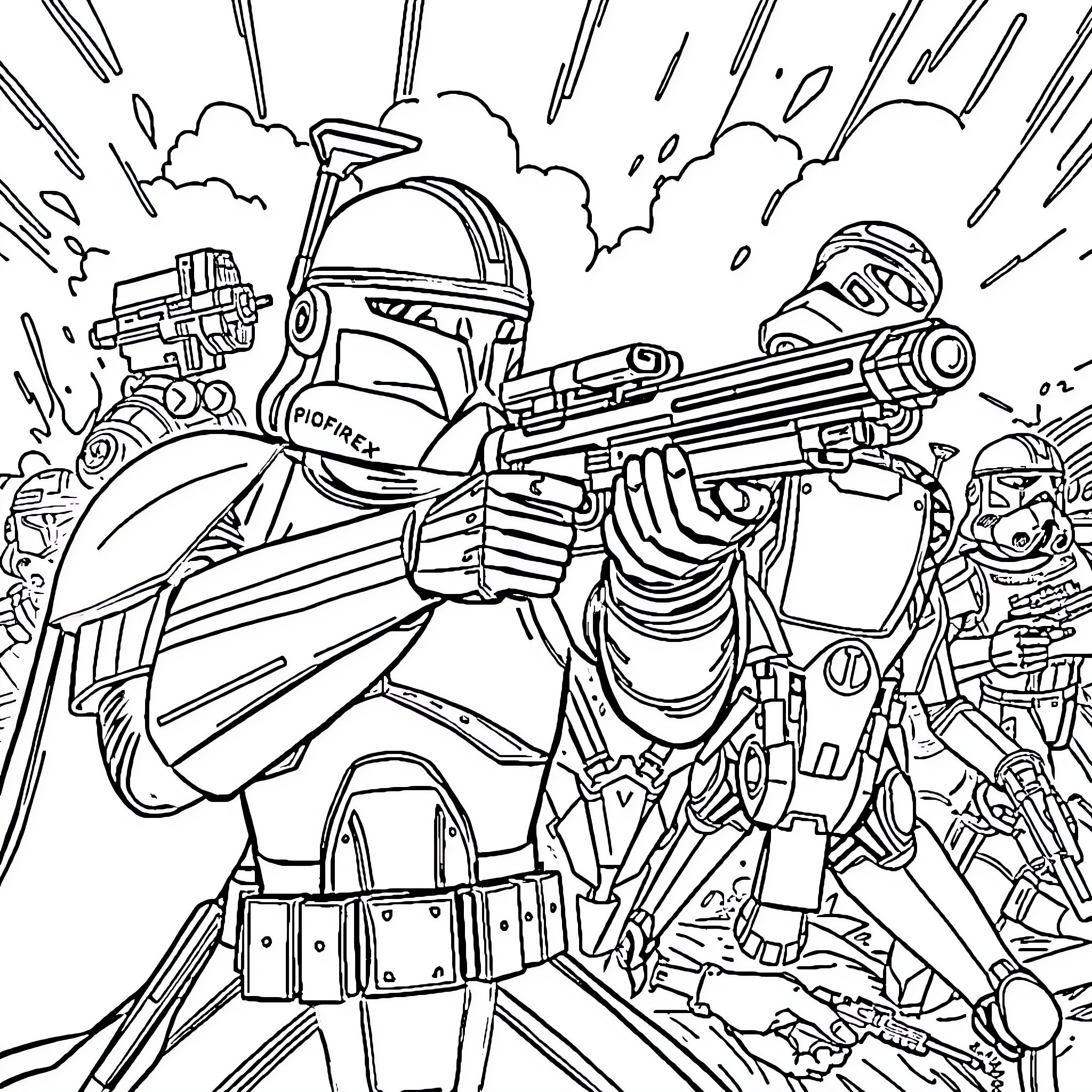 Clone Captain Rex in action-packed battle Coloring Page (free black-and-white line drawing printable PDF for all, from beginners to advanced learners, including children, teens, adults, and seniors)