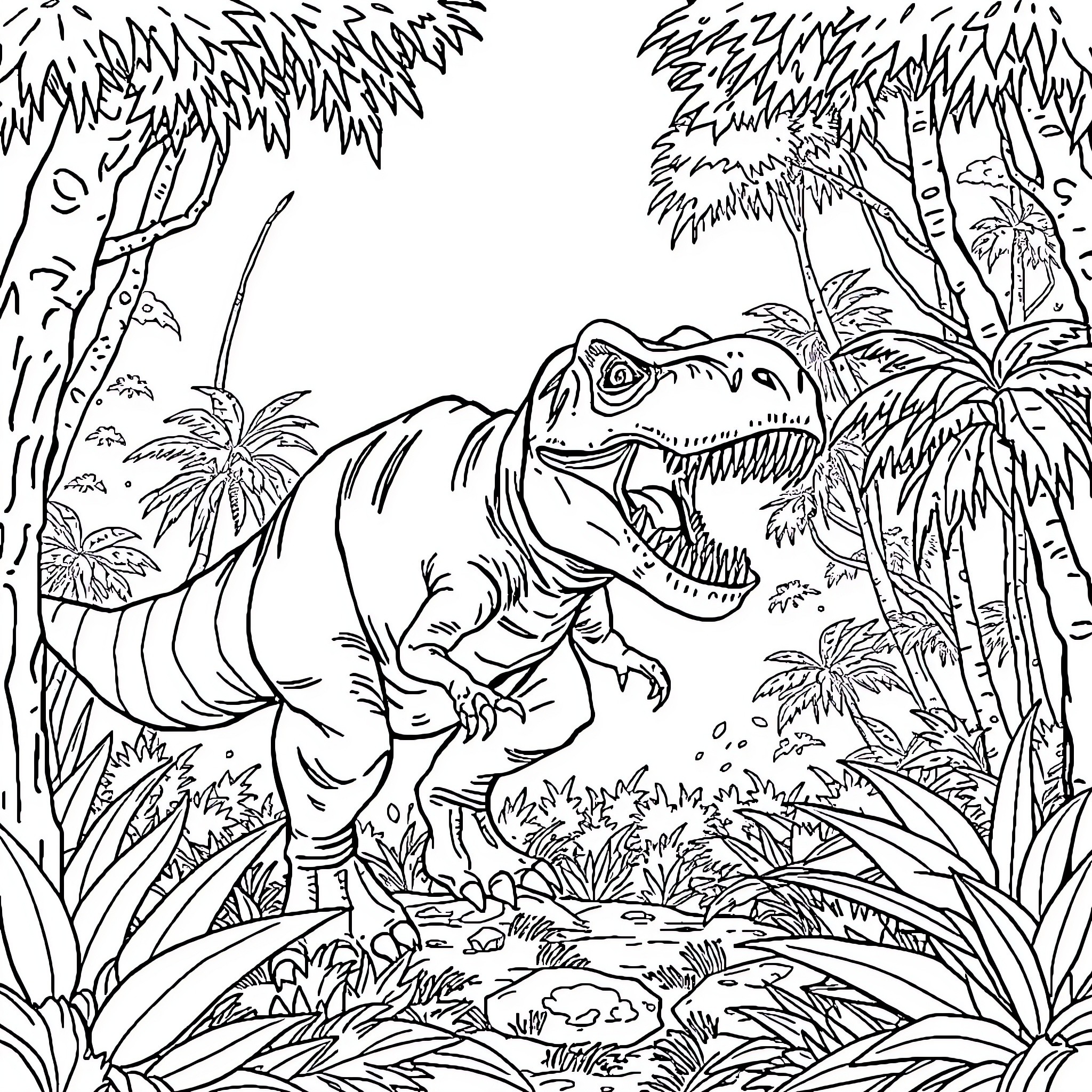 T-Rex exploring the prehistoric jungle Coloring Page (free black-and-white line drawing printable PDF for all, from beginners to advanced learners, including children, teens, adults, and seniors)