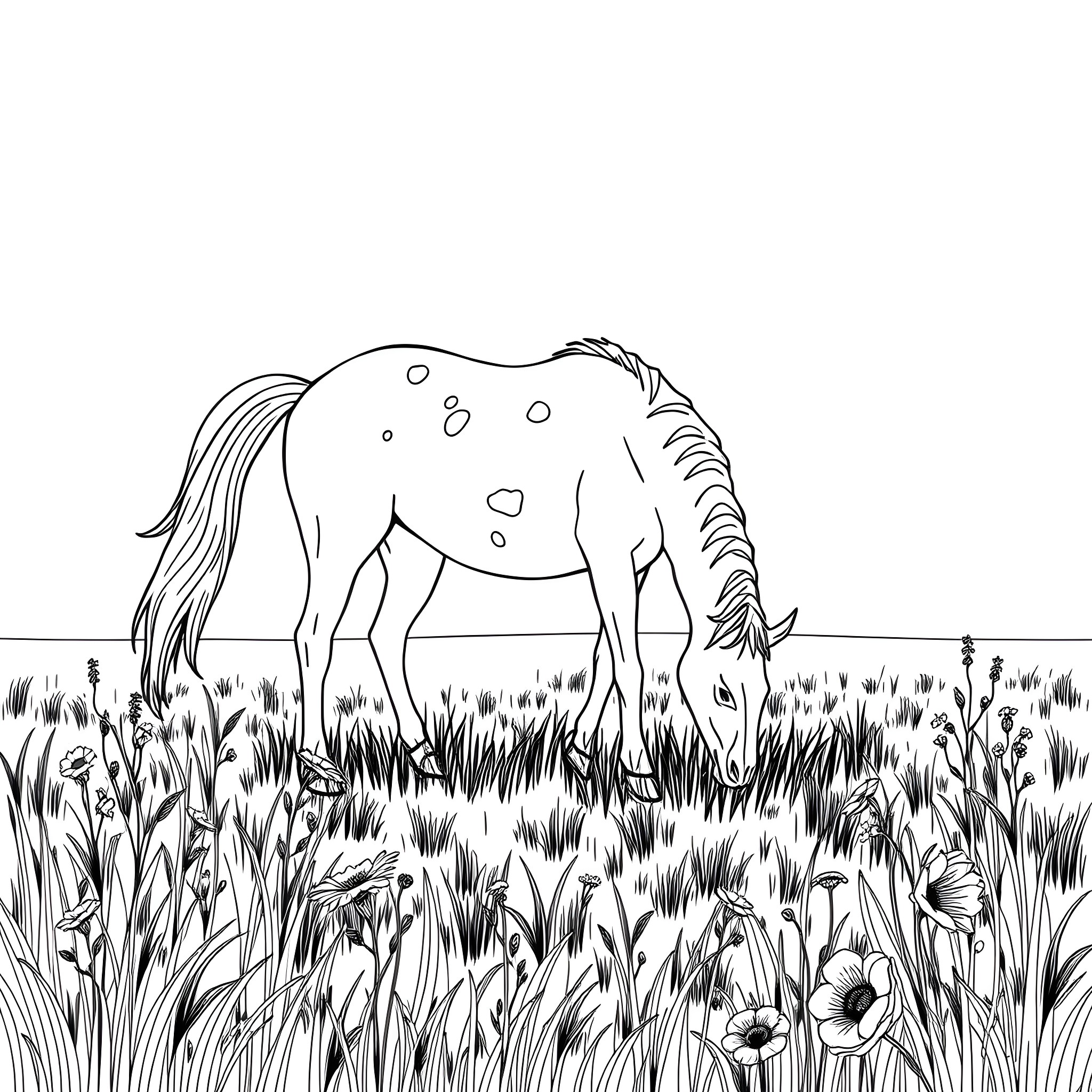 Horse grazing in a field of wildflowers Coloring Page (free black-and-white line drawing printable PDF for all, from beginners to advanced learners, including children, teens, adults, and seniors)