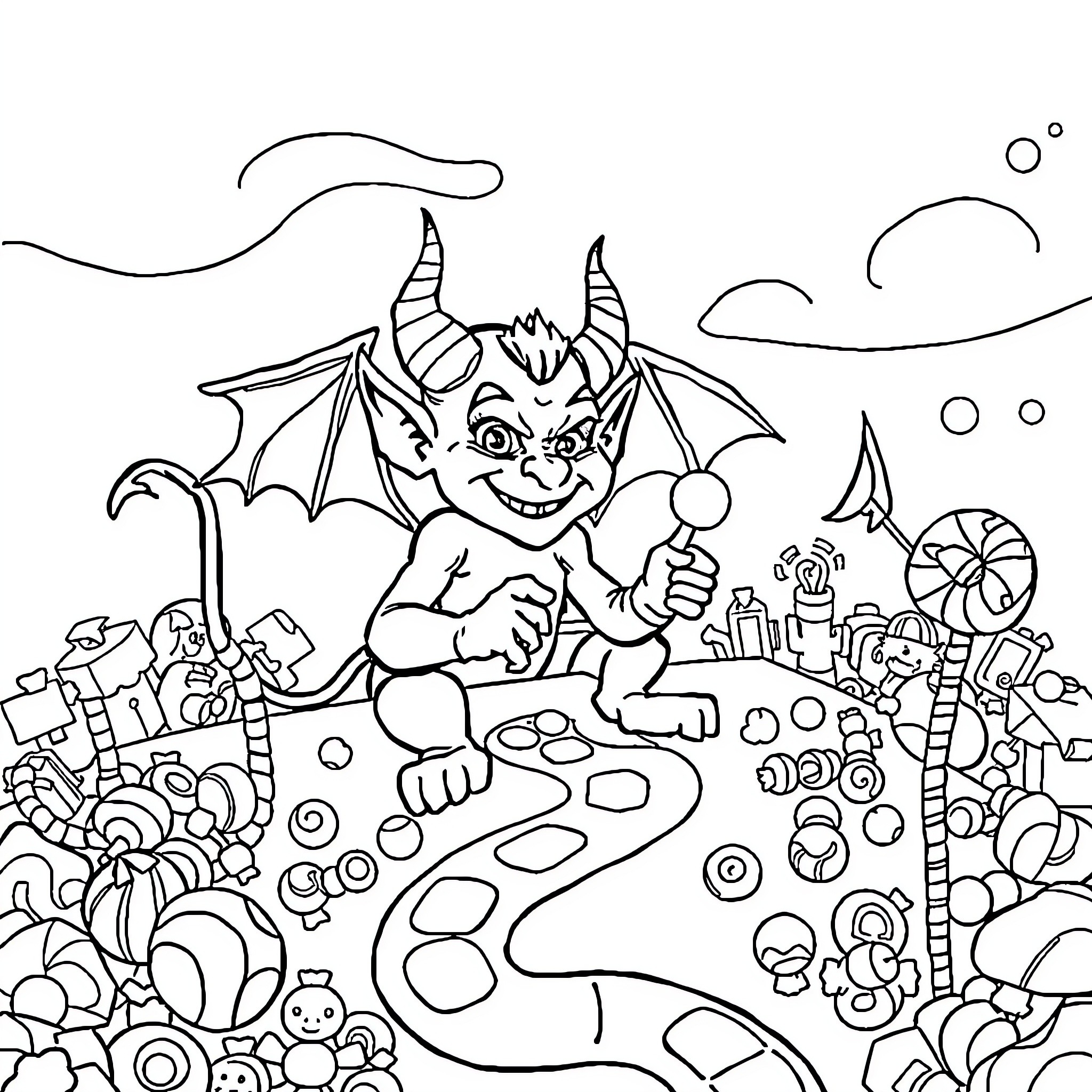 Devil creature surrounded by fantastical objects Coloring Page (free black-and-white line drawing printable PDF for all, from beginners to advanced learners, including children, teens, adults, and seniors)