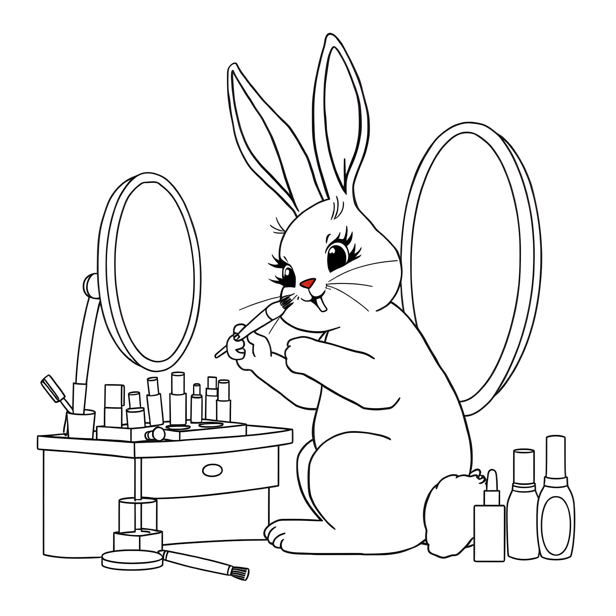 Rabbit applying makeup in front of mirror Coloring Page (free black-and-white line drawing printable PDF for all, from beginners to advanced learners, including children, teens, adults, and seniors)