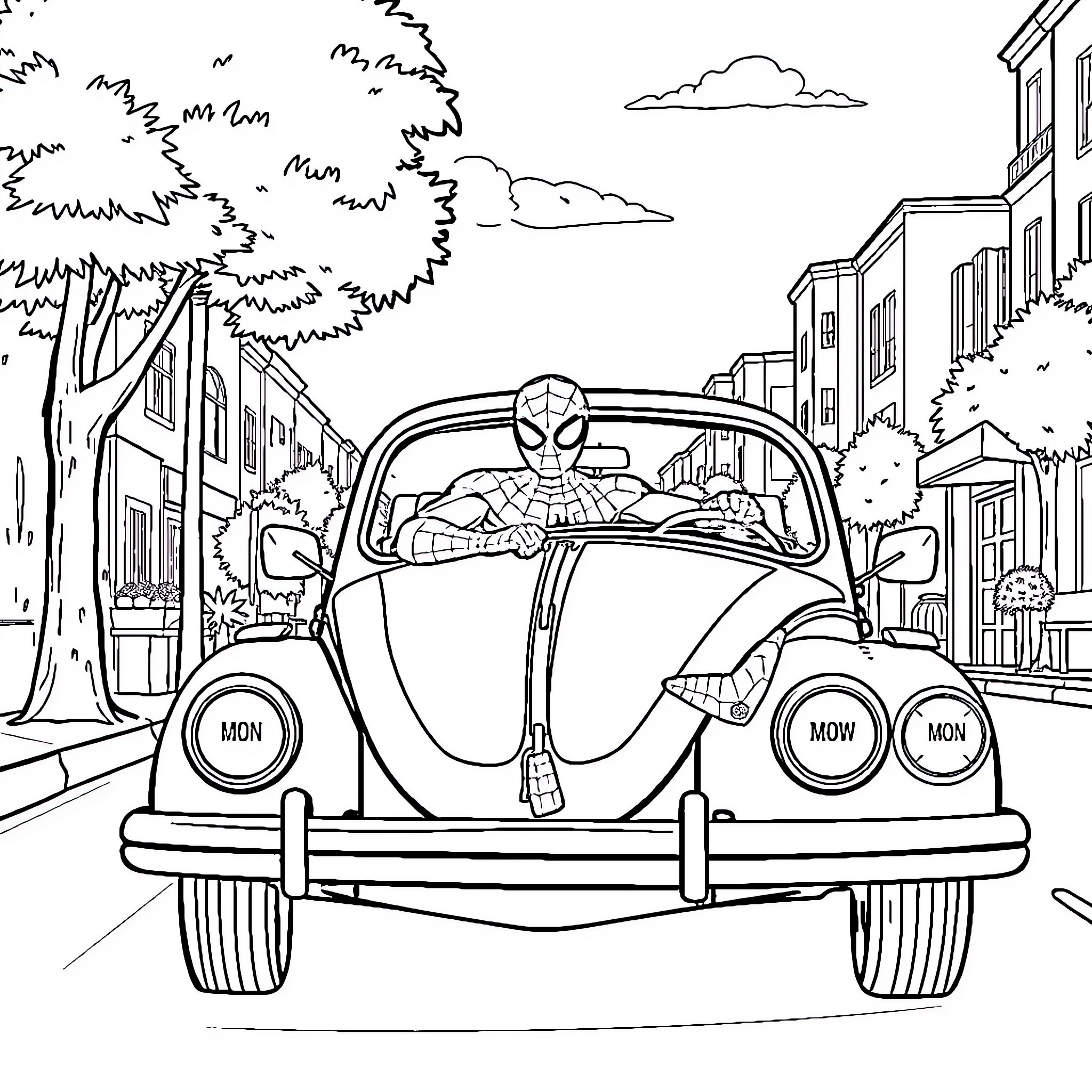 Spiderman driving a classic car in the city Coloring Page (free black-and-white line drawing printable PDF for all, from beginners to advanced learners, including children, teens, adults, and seniors)