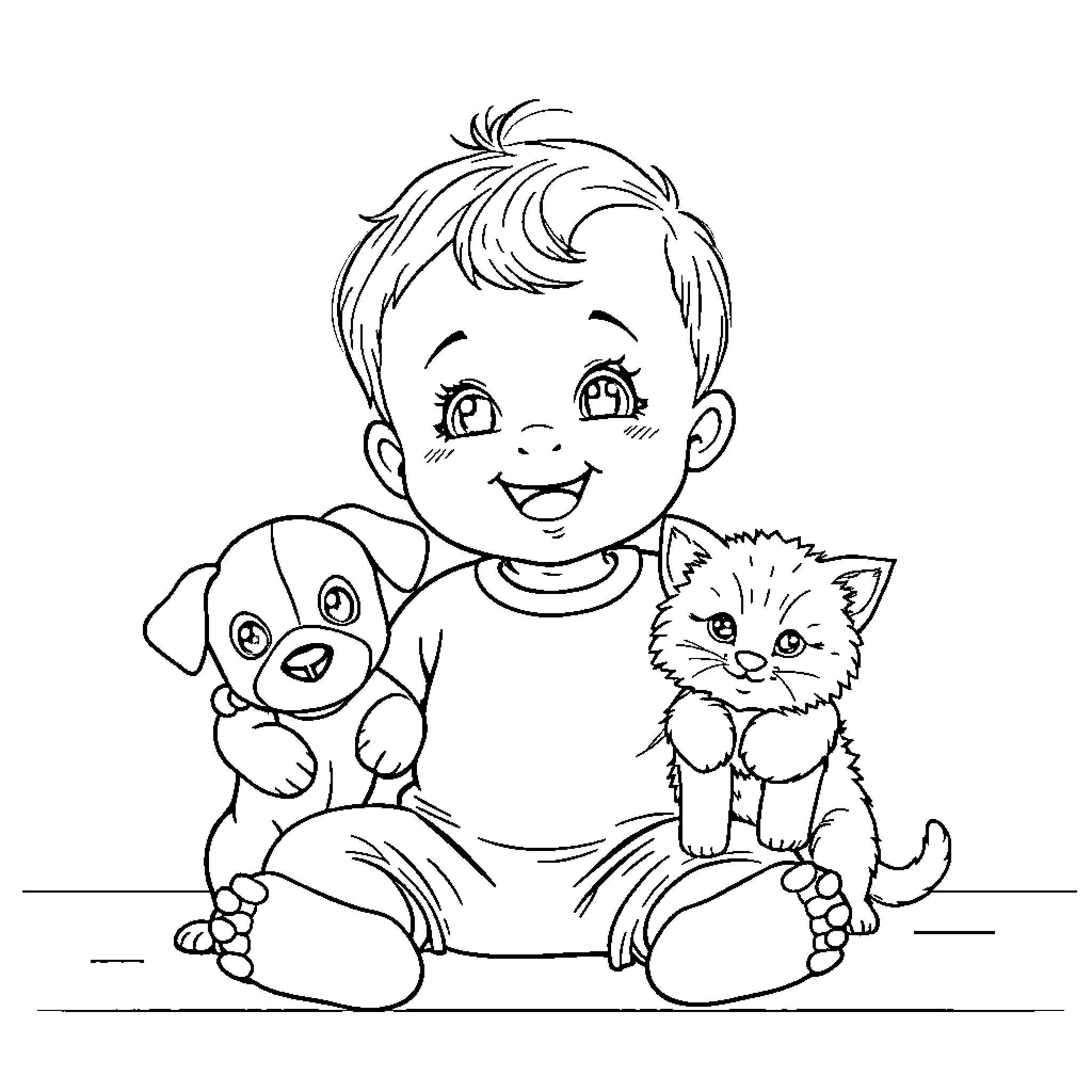 Baby playing with adorable puppy and kitten Coloring Page (free black-and-white line drawing printable PDF for all, from beginners to advanced learners, including children, teens, adults, and seniors)