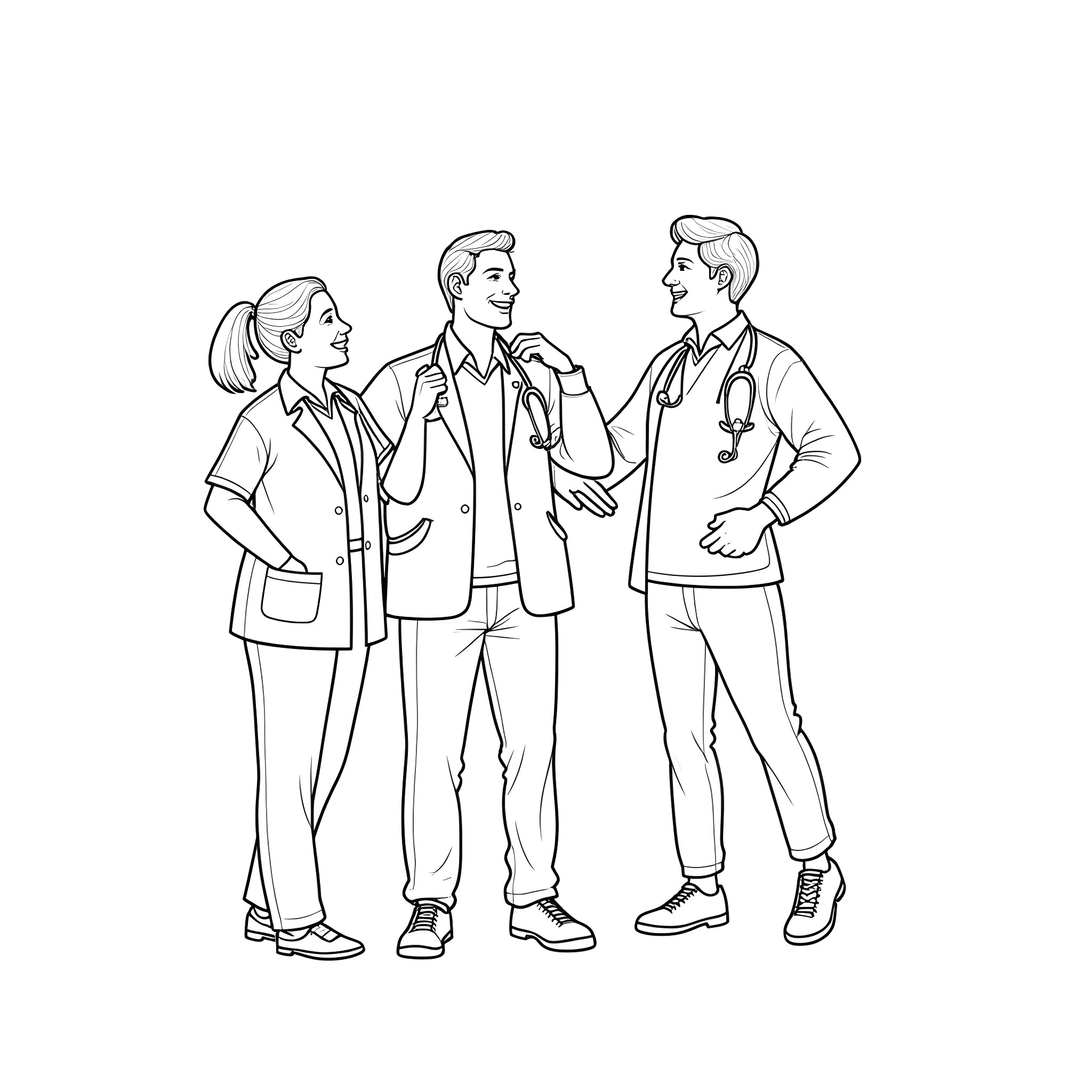 Oncology team discussing patient case Coloring Page (free black-and-white line drawing printable PDF for all, from beginners to advanced learners, including children, teens, adults, and seniors)