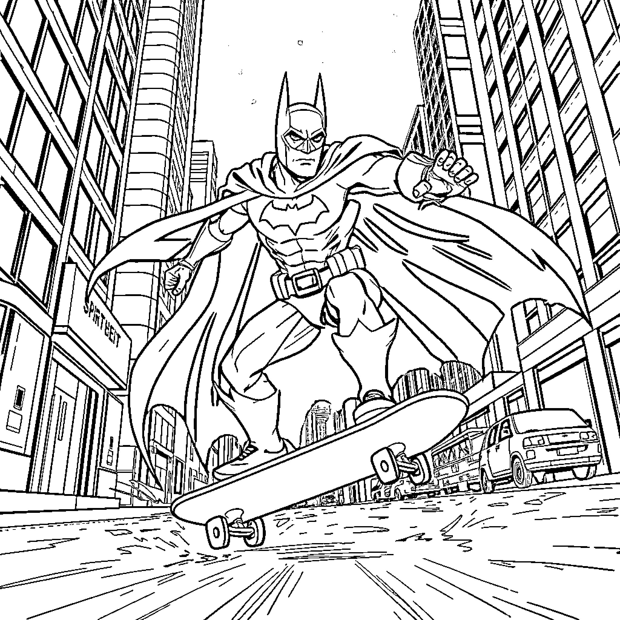 Batman soaring through the city on a skateboard Coloring Page (free black-and-white line drawing printable PDF for all, from beginners to advanced learners, including children, teens, adults, and seniors)