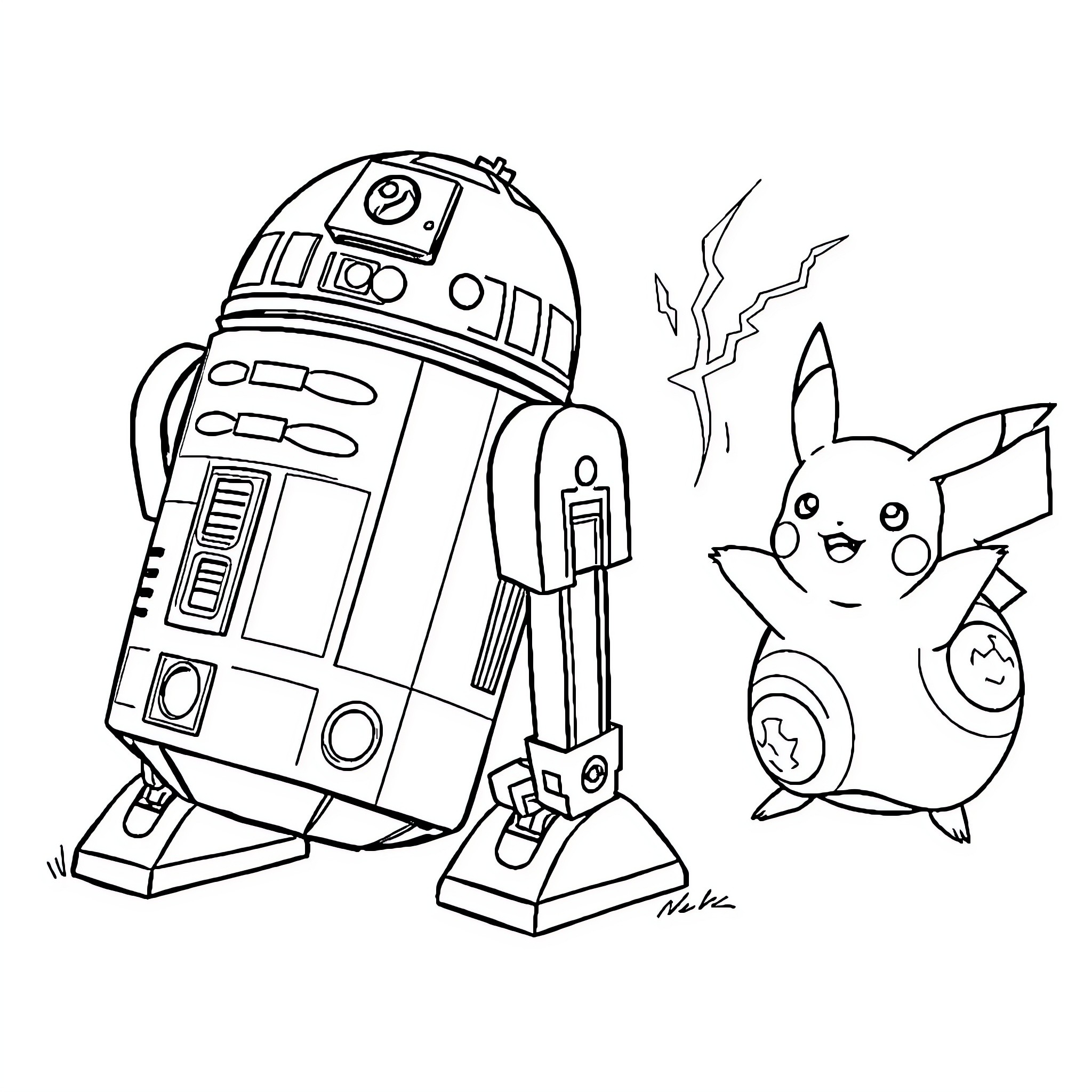 Robot and Pikachu playing together Coloring Page (free black-and-white line drawing printable PDF for all, from beginners to advanced learners, including children, teens, adults, and seniors)