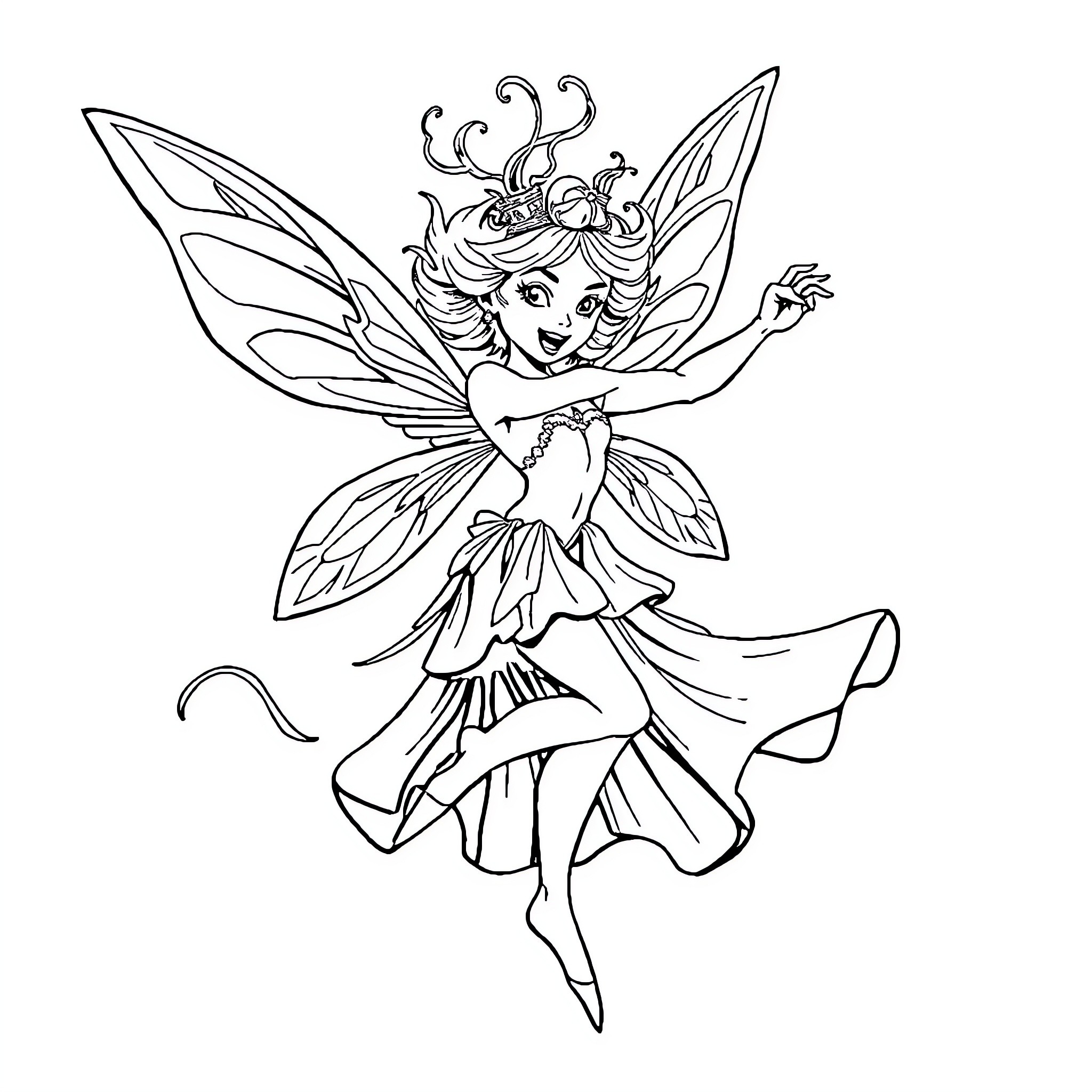 Fairy dancing with joyful expression Coloring Page (free black-and-white line drawing printable PDF for all, from beginners to advanced learners, including children, teens, adults, and seniors)