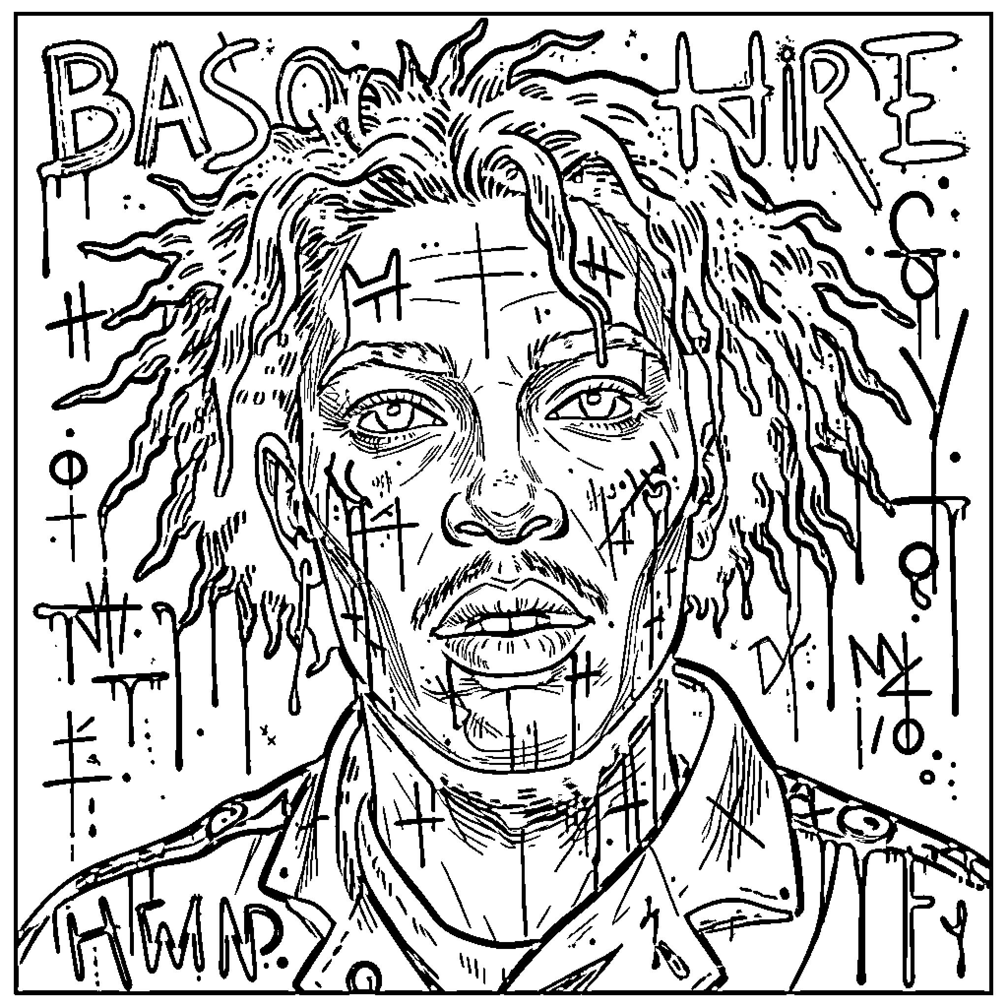 Baskiat: Intense Facial Expression and Symbolic Markings Coloring Page (free black-and-white line drawing printable PDF for all, from beginners to advanced learners, including children, teens, adults, and seniors)