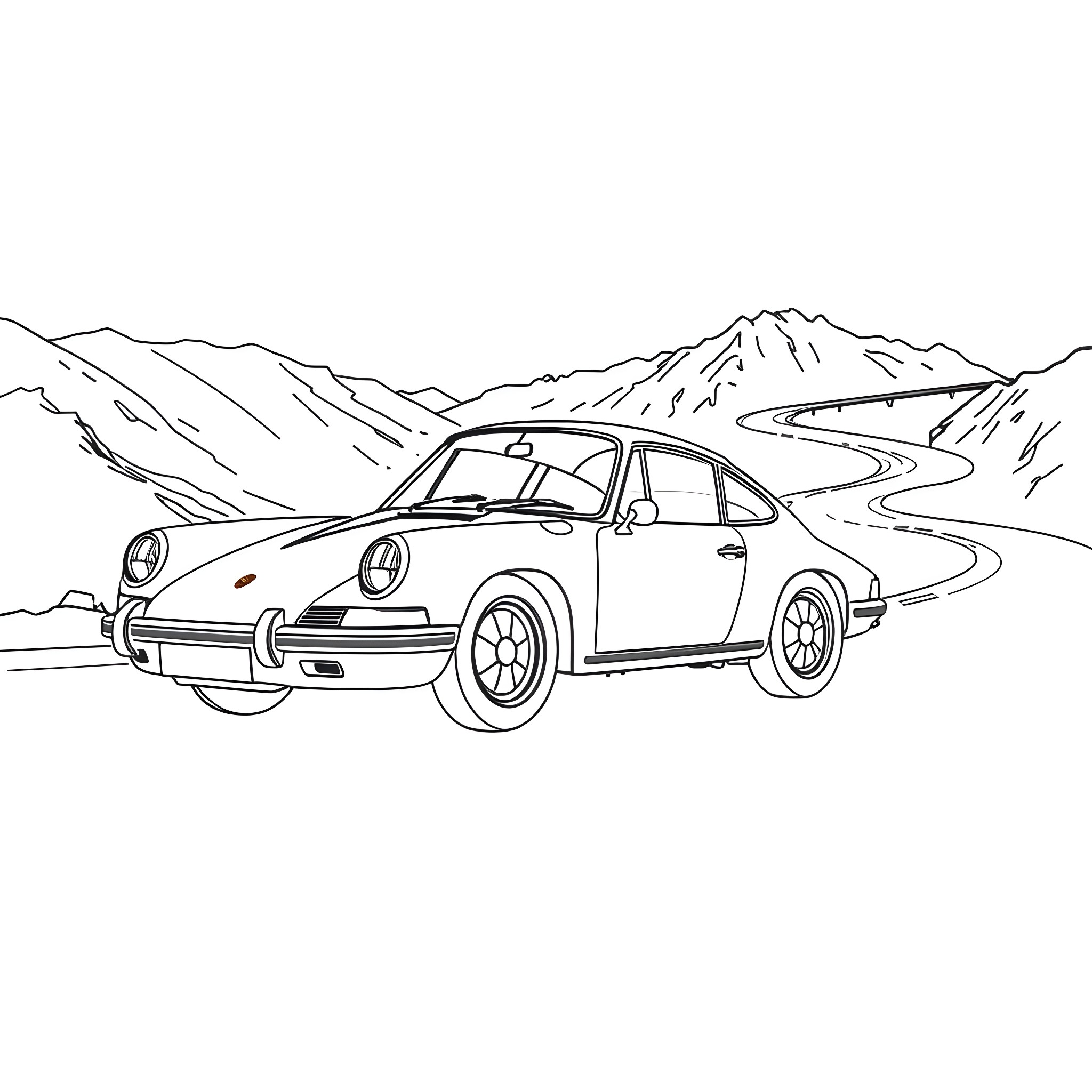 Porsche sports car driving through winding mountain roads Coloring Page (free black-and-white line drawing printable PDF for all, from beginners to advanced learners, including children, teens, adults, and seniors)