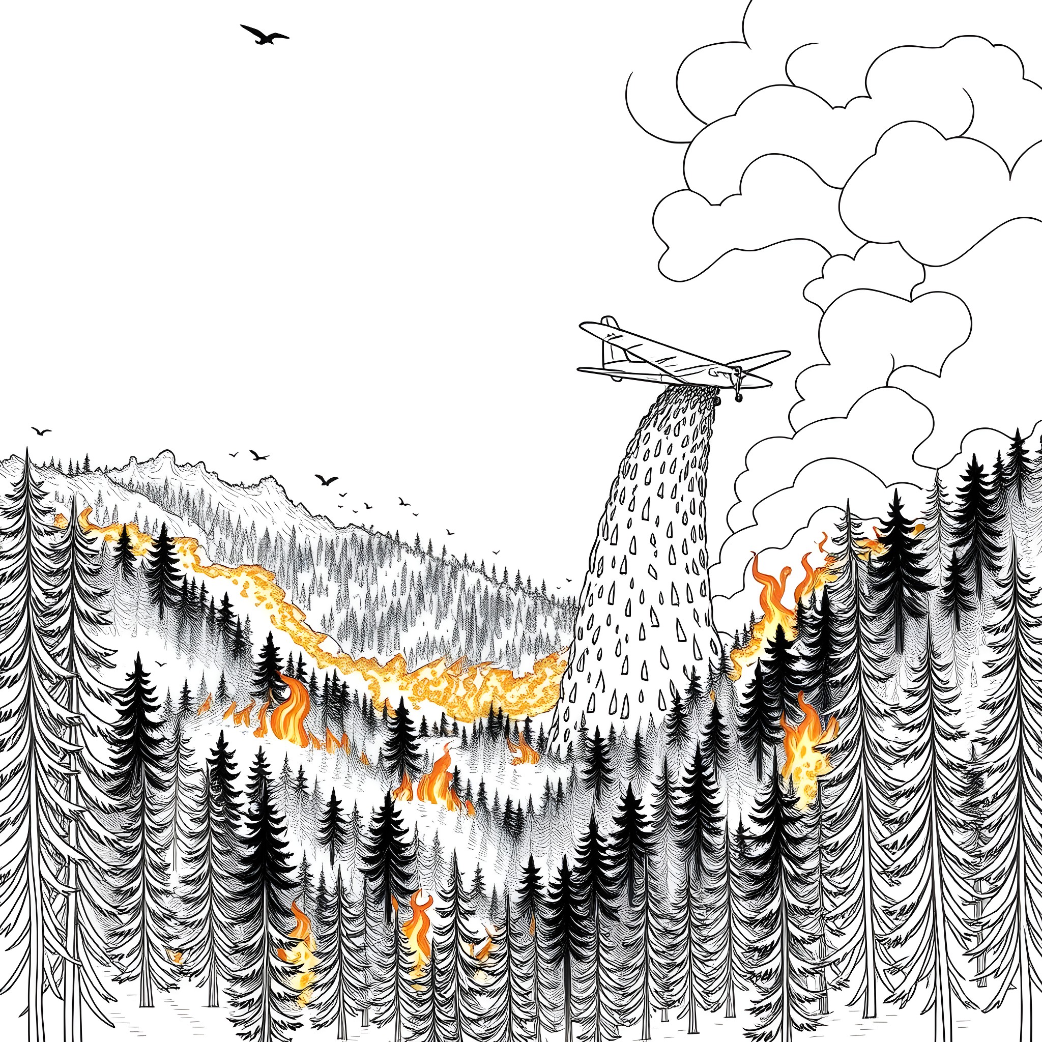 Firefighter aircraft battling forest fire in the mountains Coloring Page (free black-and-white line drawing printable PDF for all, from beginners to advanced learners, including children, teens, adults, and seniors)