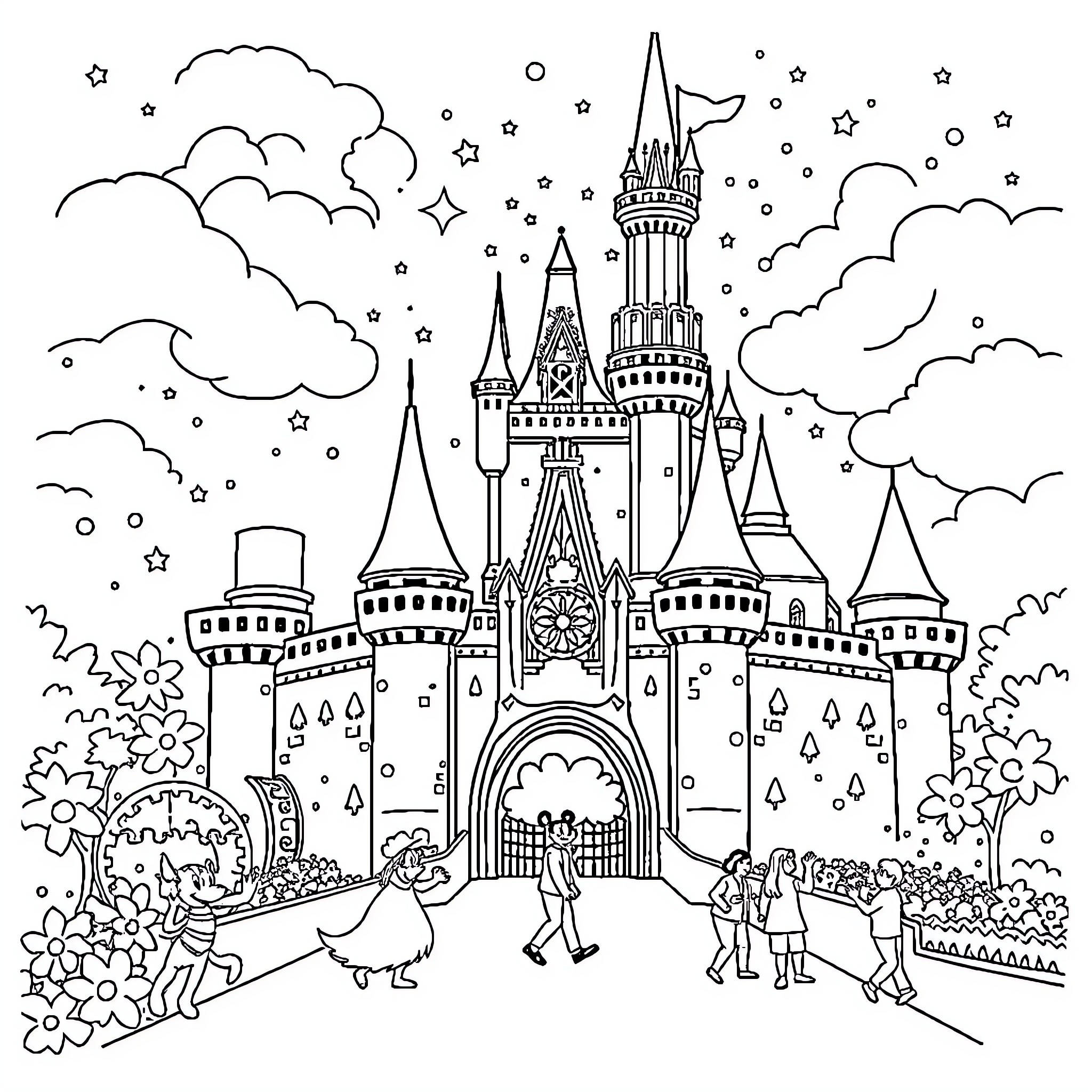 Disney Castle Filled with Whimsical Details and Visitors Coloring Page (free black-and-white line drawing printable PDF for all, from beginners to advanced learners, including children, teens, adults, and seniors)