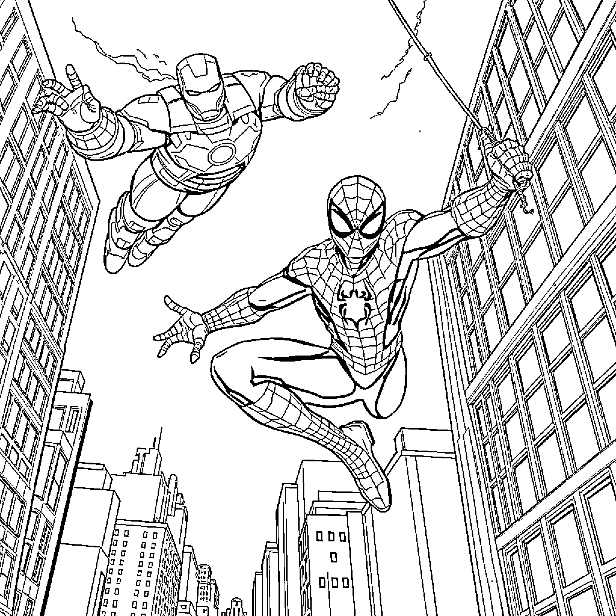Spiderman and Iron Man heroically soaring above the city Coloring Page (free black-and-white line drawing printable PDF for all, from beginners to advanced learners, including children, teens, adults, and seniors)