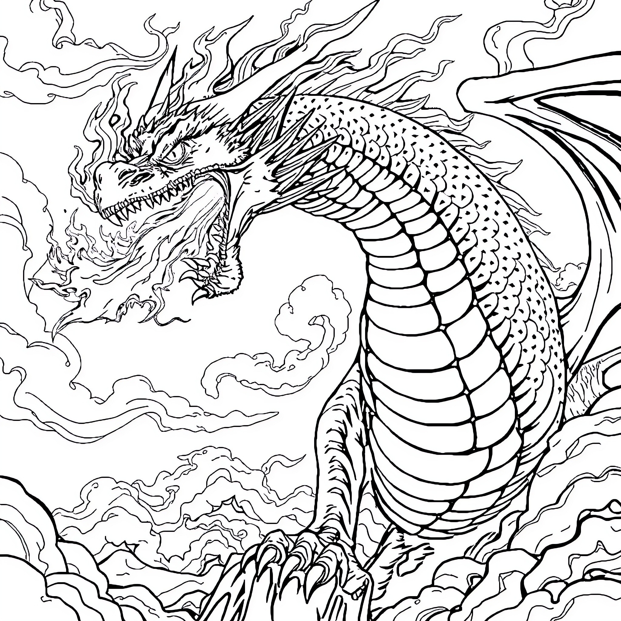 Dragon soaring through the clouds Coloring Page (free black-and-white line drawing printable PDF for all, from beginners to advanced learners, including children, teens, adults, and seniors)