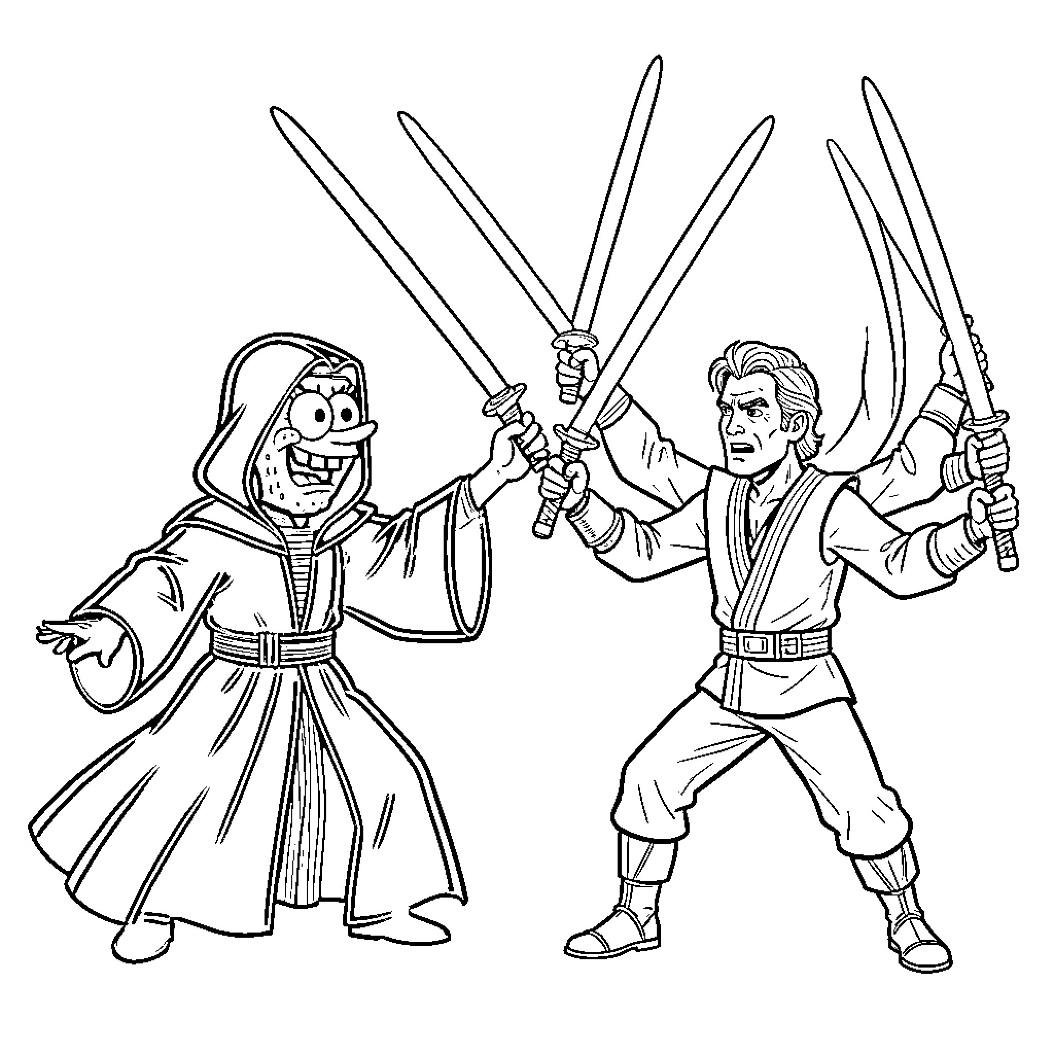 Spongebob characters in Star Wars-inspired battle scene Coloring Page (free black-and-white line drawing printable PDF for all, from beginners to advanced learners, including children, teens, adults, and seniors)
