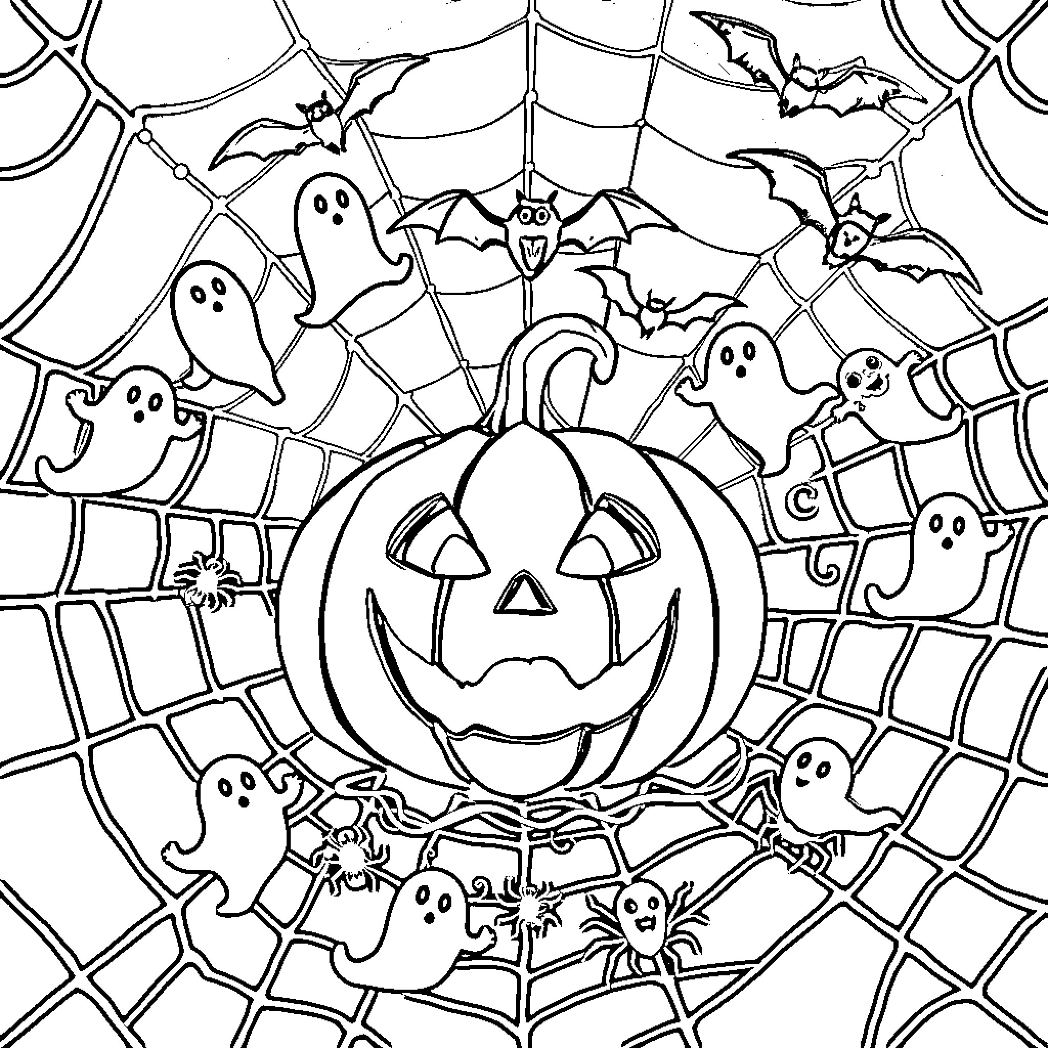 Jack-o'-lantern surrounded by playful ghosts and bats Coloring Page (free black-and-white line drawing printable PDF for all, from beginners to advanced learners, including children, teens, adults, and seniors)