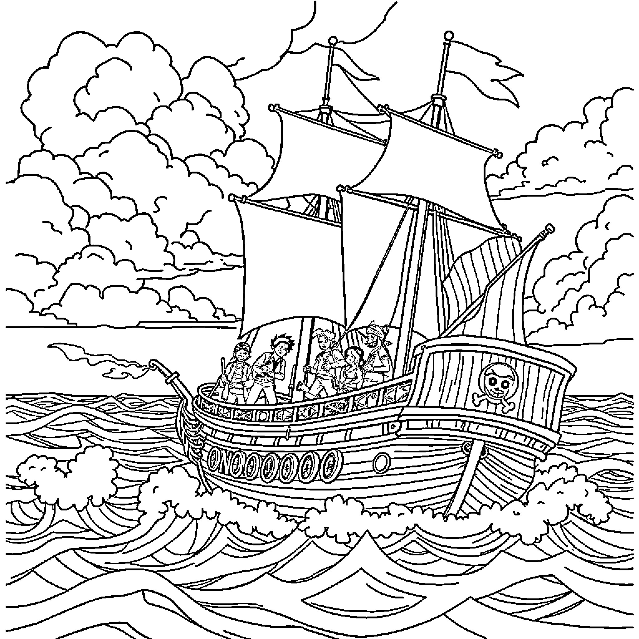 One Piece: Pirate Ship Sailing Across Stormy Seas Coloring Page (free black-and-white line drawing printable PDF for all, from beginners to advanced learners, including children, teens, adults, and seniors)