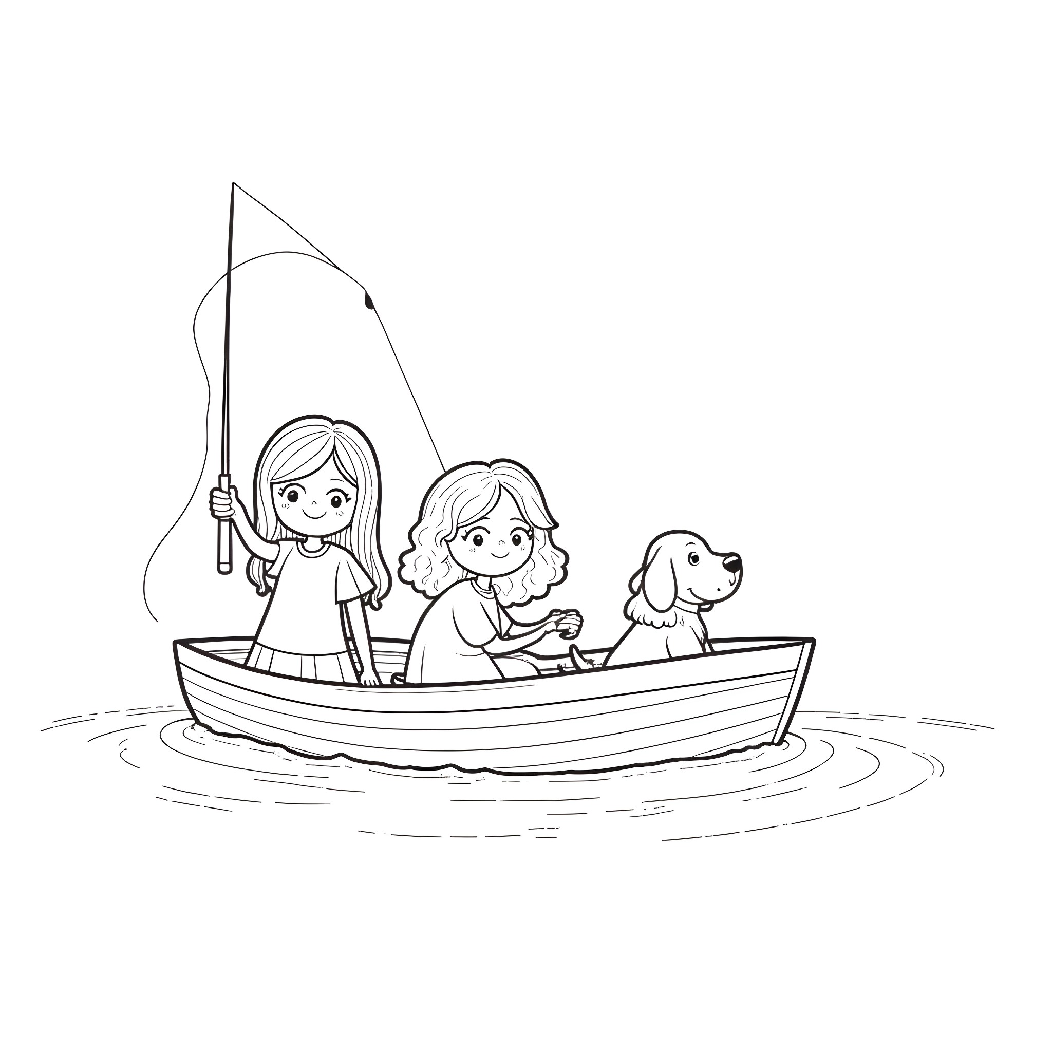 Dog and girls fishing in a boat Coloring Page (free black-and-white line drawing printable PDF for all, from beginners to advanced learners, including children, teens, adults, and seniors)