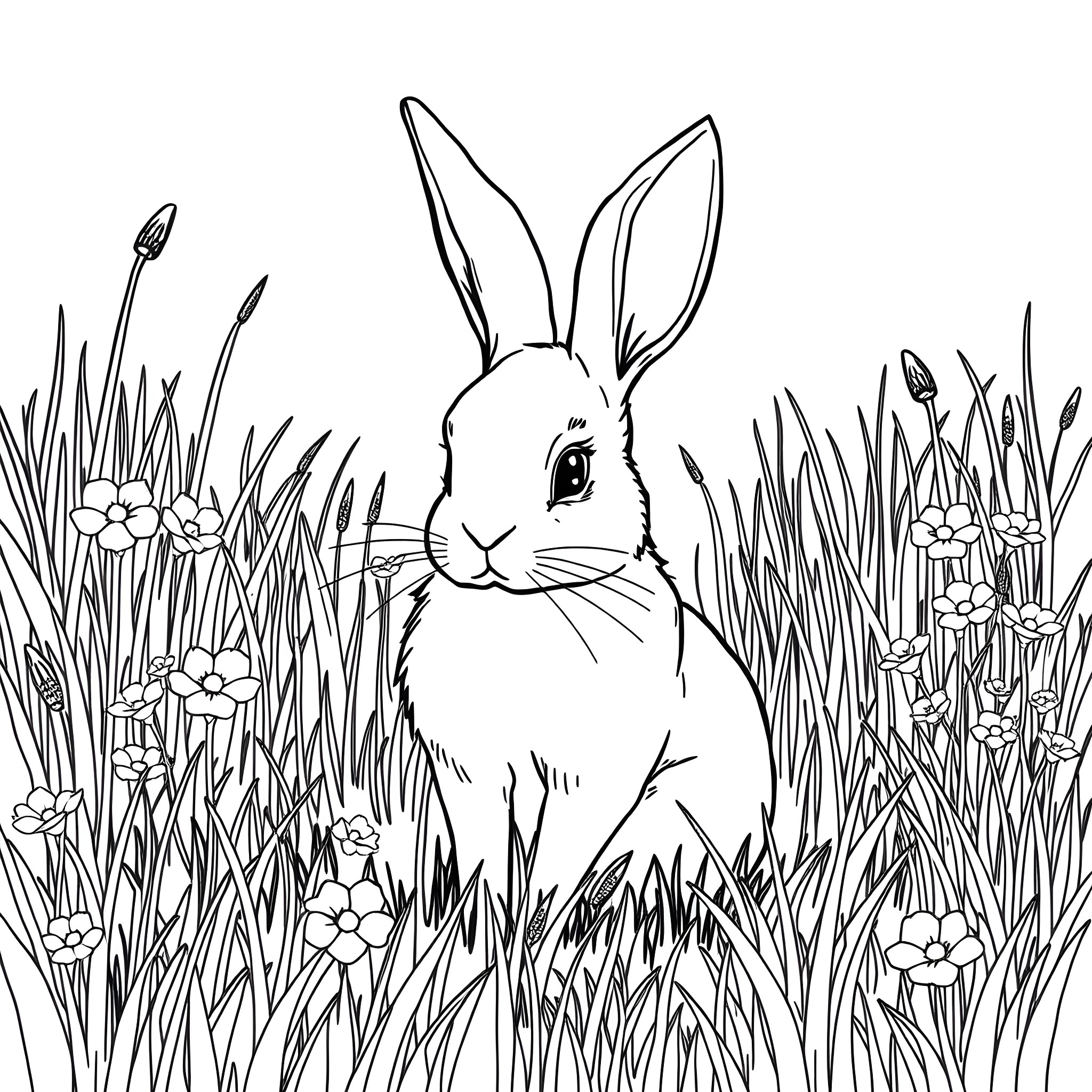 Rabbit in a Floral Field Coloring Page (free black-and-white line drawing printable PDF for all, from beginners to advanced learners, including children, teens, adults, and seniors)