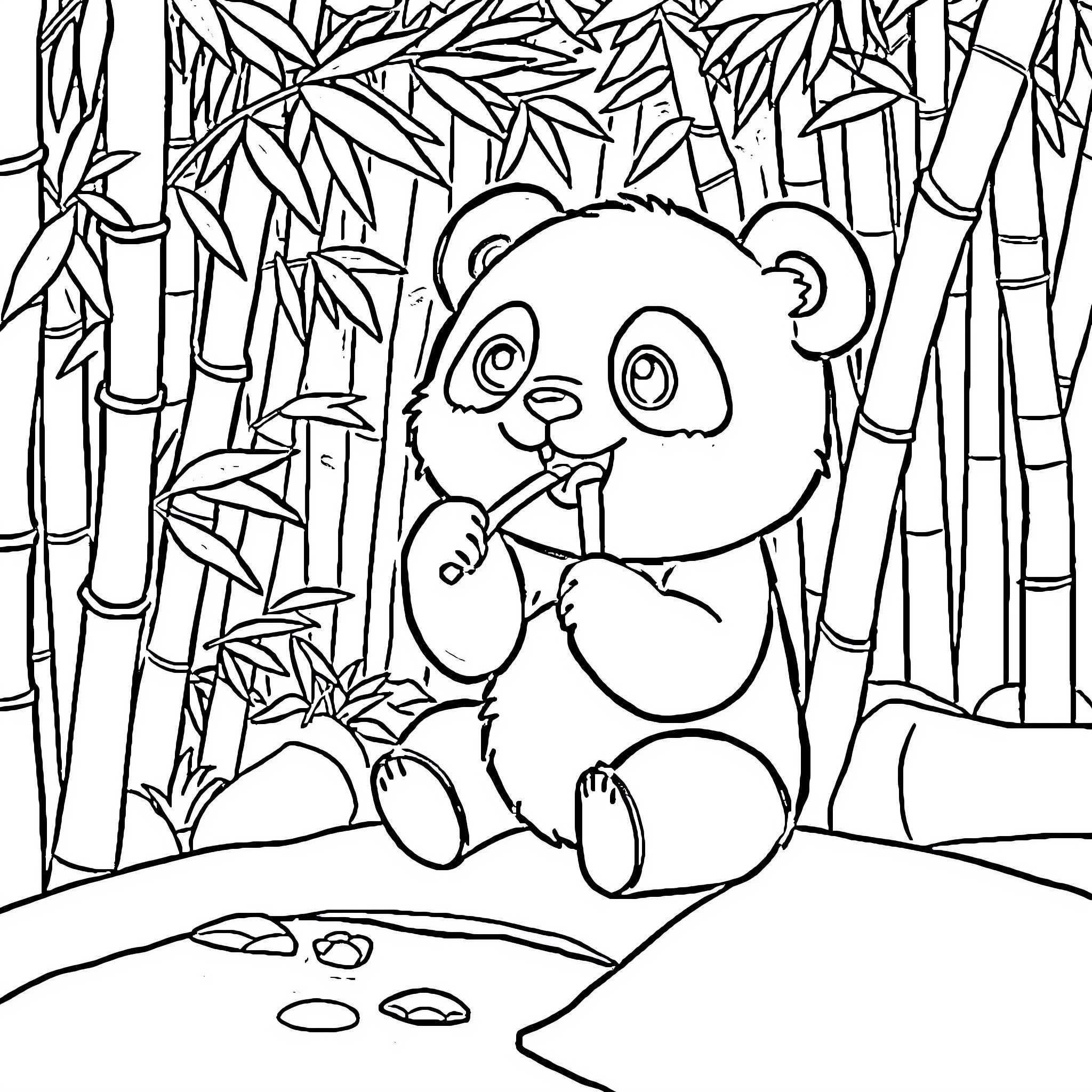 Panda sitting and eating in a bamboo forest Coloring Page (free black-and-white line drawing printable PDF for all, from beginners to advanced learners, including children, teens, adults, and seniors)