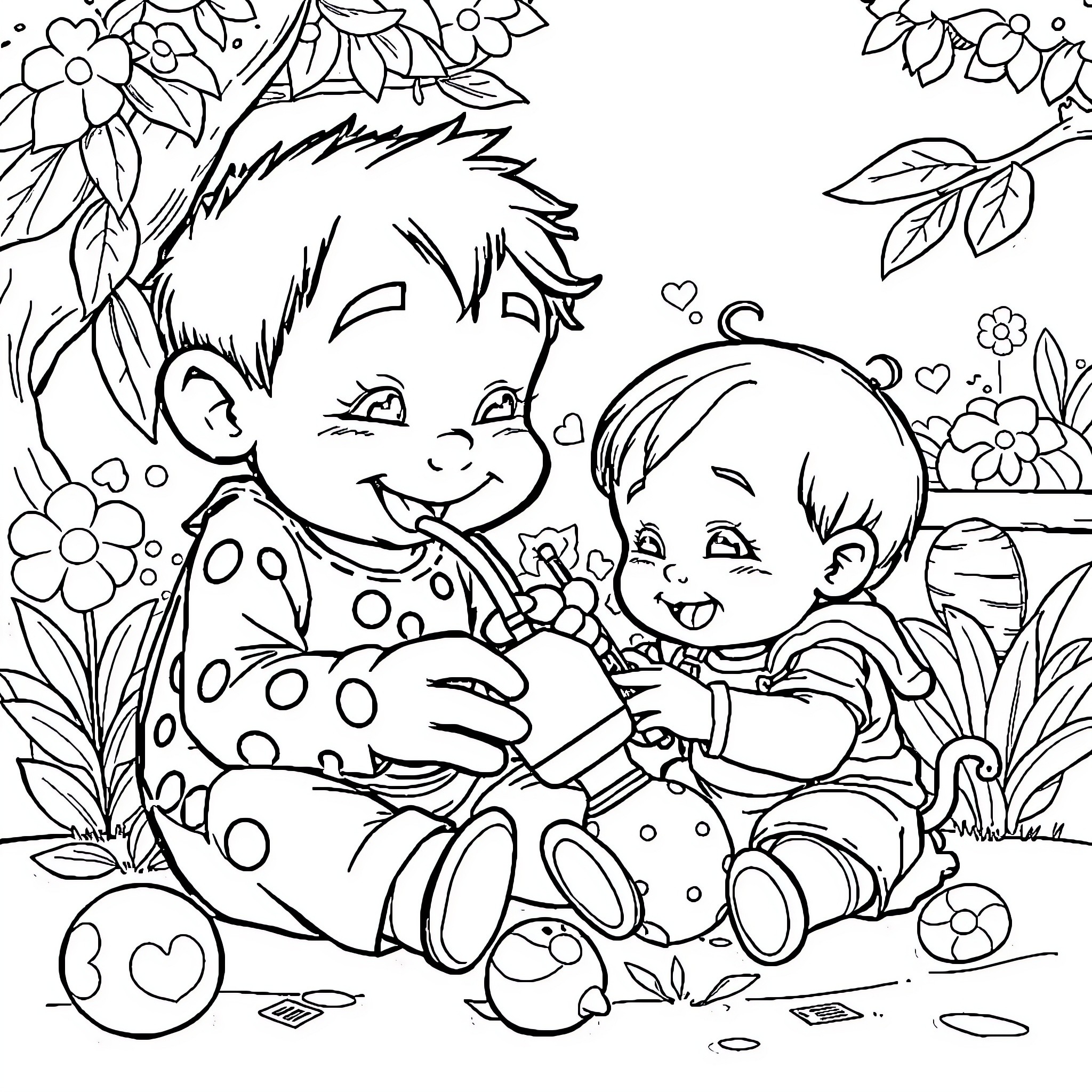 Baby friends playing in the garden Coloring Page (free black-and-white line drawing printable PDF for all, from beginners to advanced learners, including children, teens, adults, and seniors)