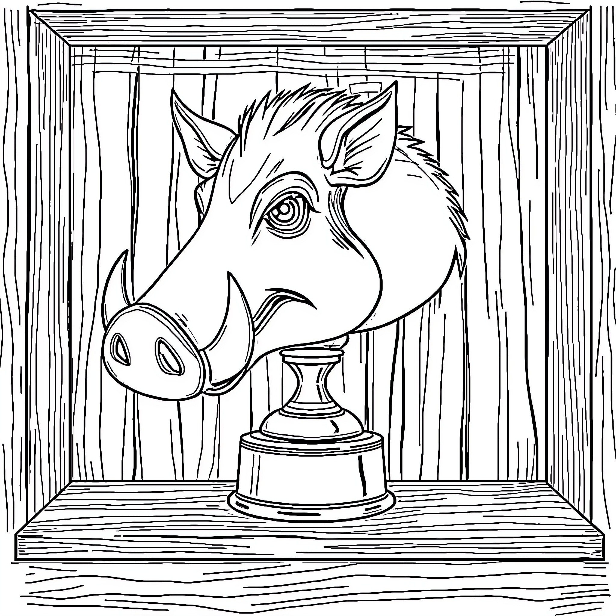 Warthog trophy in wooden frame Coloring Page (free black-and-white line drawing printable PDF for all, from beginners to advanced learners, including children, teens, adults, and seniors)