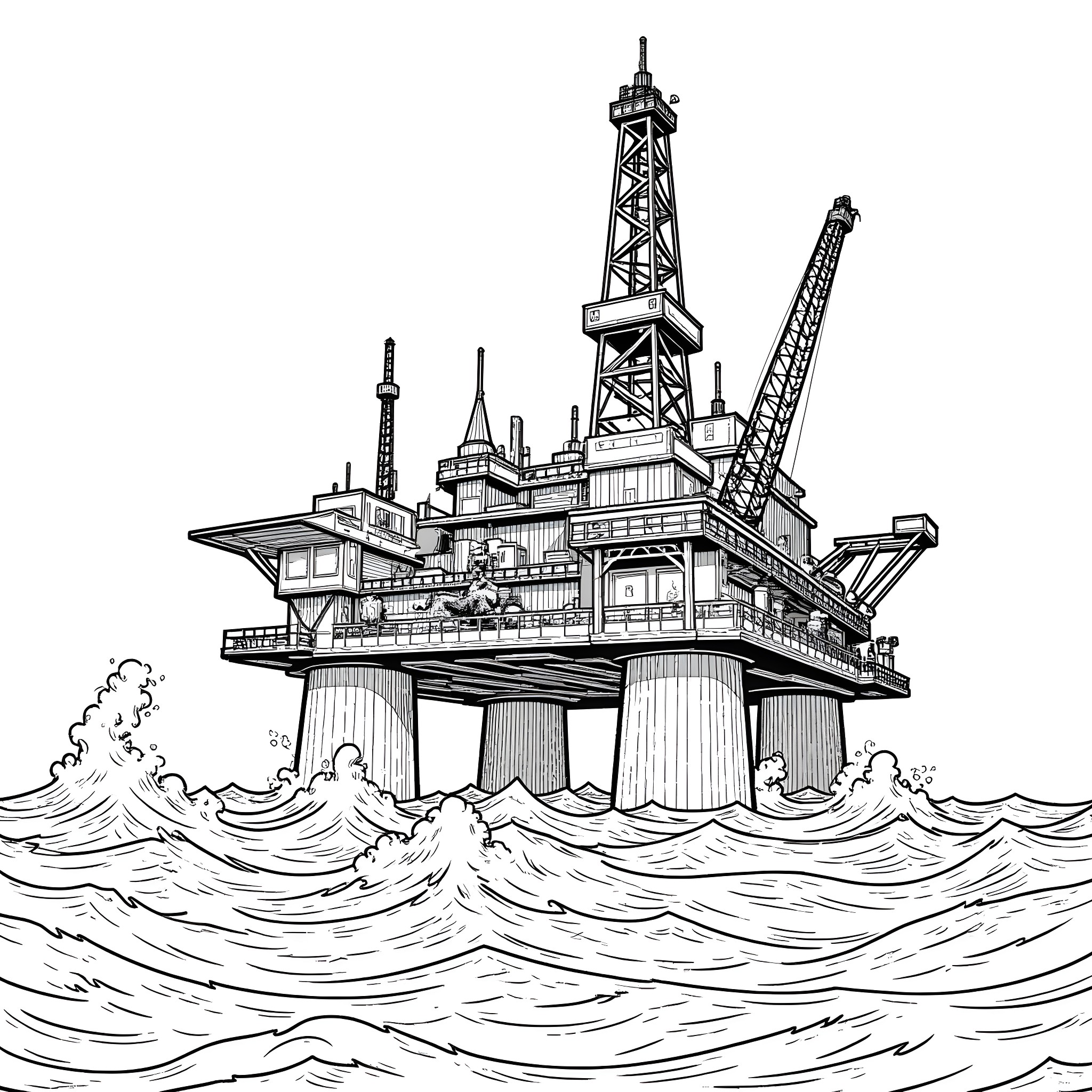 Superhero Oil Rig Battling Stormy Seas Coloring Page (free black-and-white line drawing printable PDF for all, from beginners to advanced learners, including children, teens, adults, and seniors)