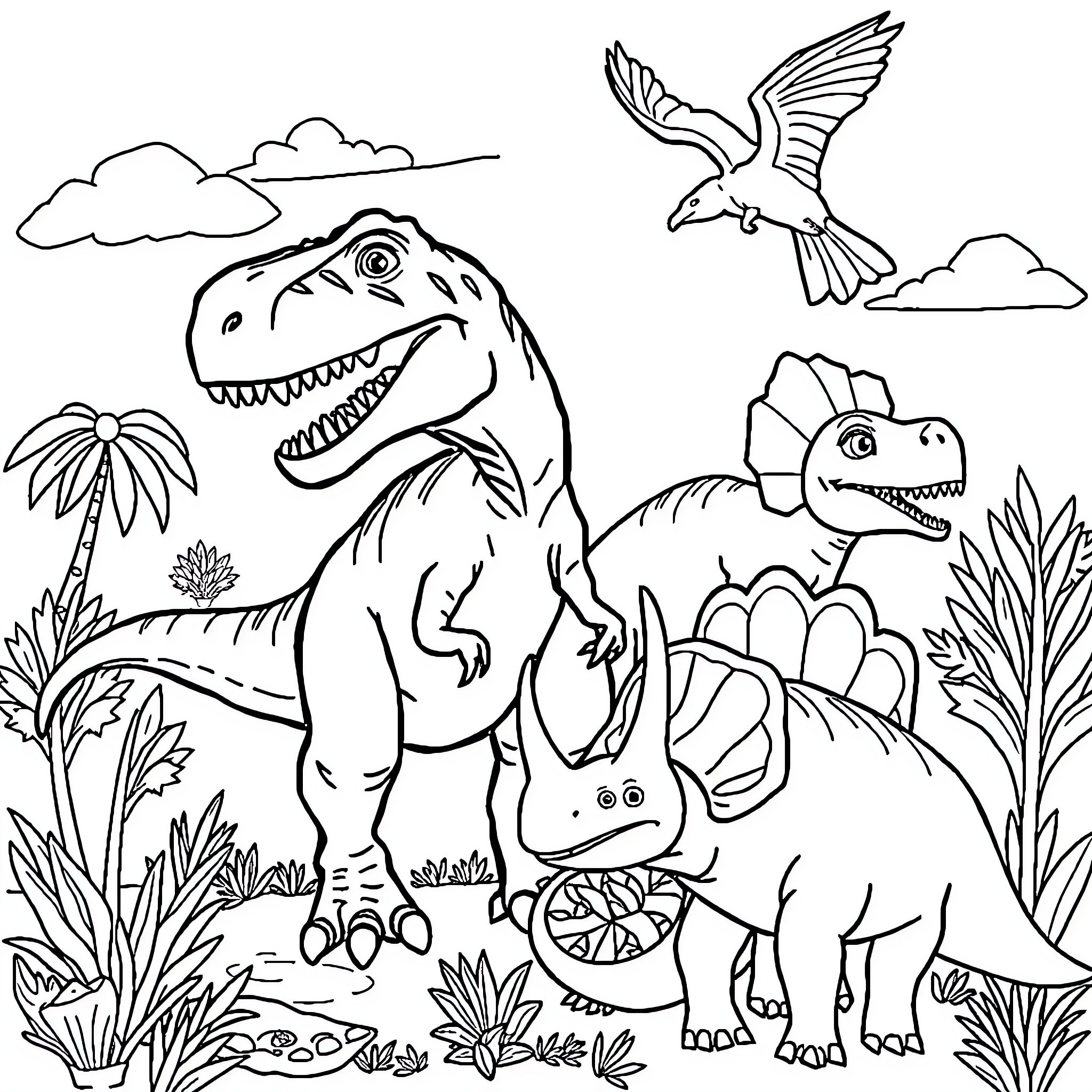 Dinosaurs exploring the prehistoric landscape Coloring Page (free black-and-white line drawing printable PDF for all, from beginners to advanced learners, including children, teens, adults, and seniors)