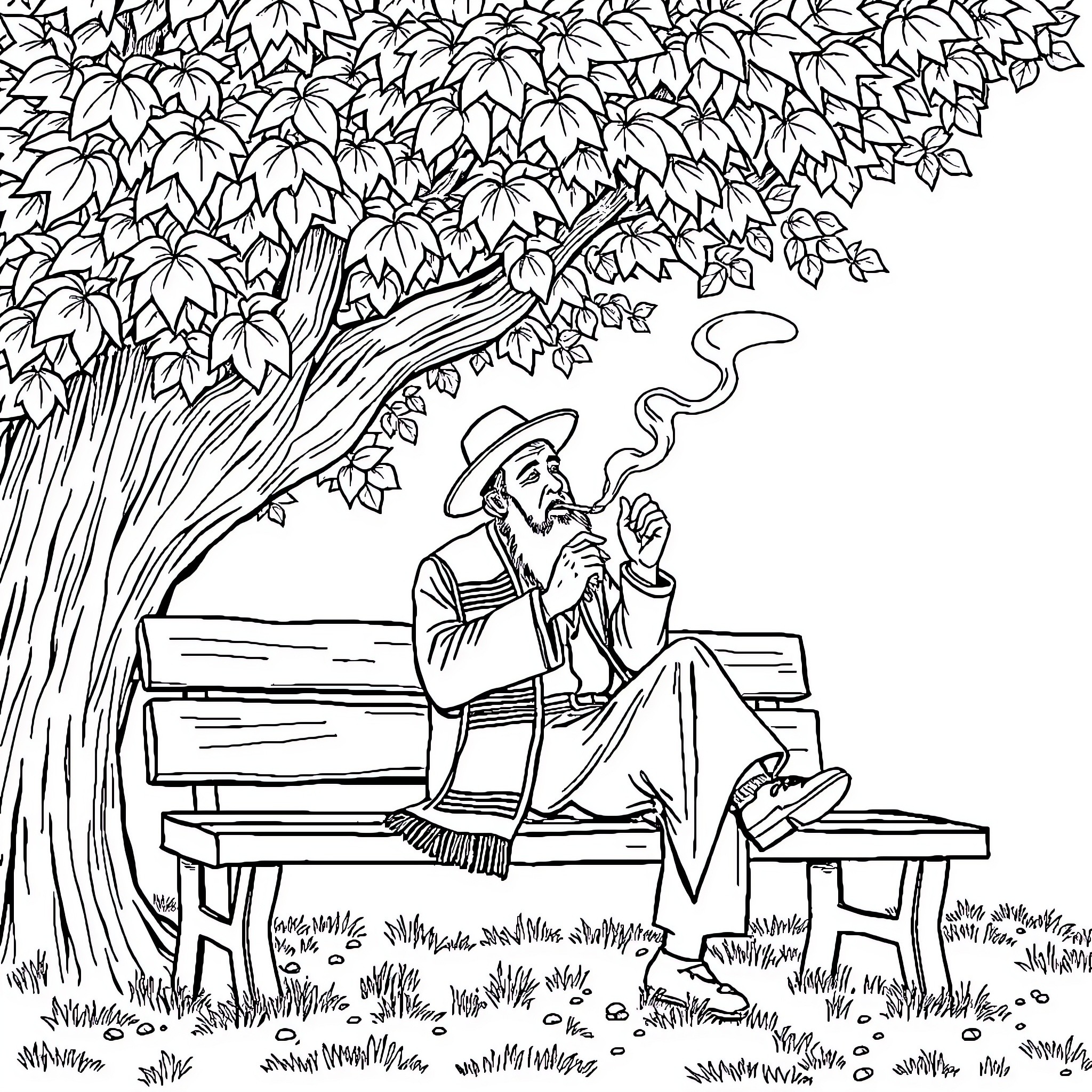 Rabbi relaxing on a bench under a tree Coloring Page (free black-and-white line drawing printable PDF for all, from beginners to advanced learners, including children, teens, adults, and seniors)