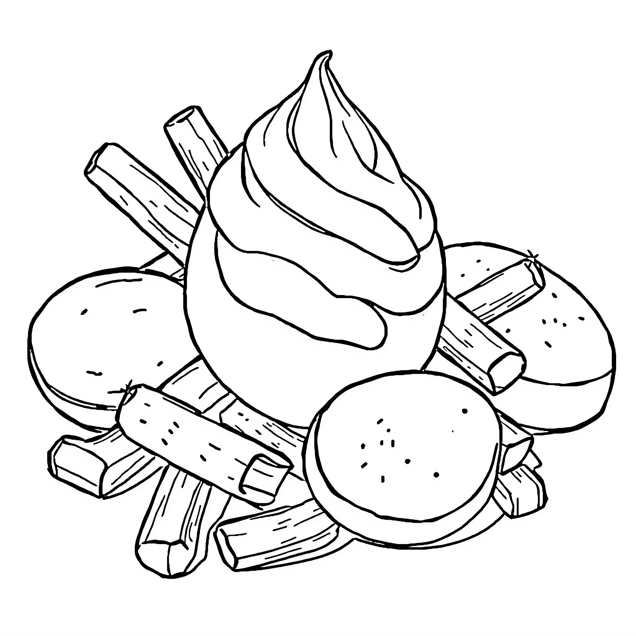 Cake with Assorted Treats and Confections Coloring Page (free black-and-white line drawing printable PDF for all, from beginners to advanced learners, including children, teens, adults, and seniors)