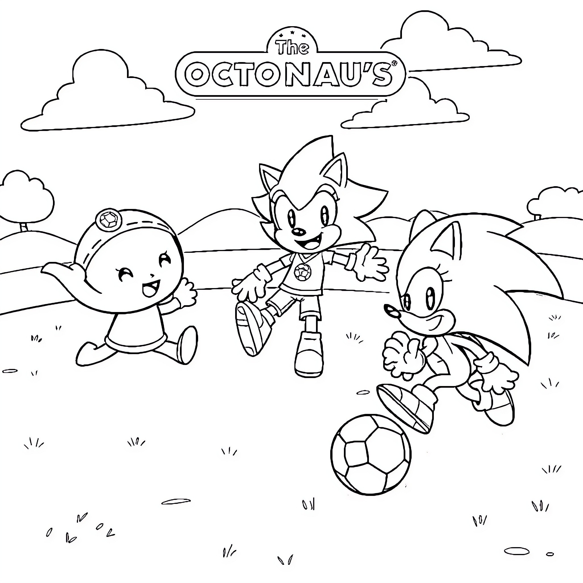 Octonauts playing and exploring outdoors Coloring Page (free black-and-white line drawing printable PDF for all, from beginners to advanced learners, including children, teens, adults, and seniors)