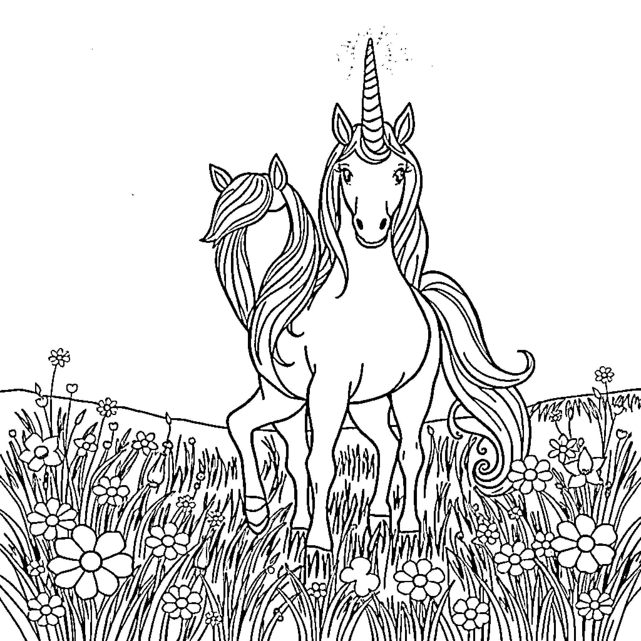 Unicorn standing in a flowery meadow Coloring Page (free black-and-white line drawing printable PDF for all, from beginners to advanced learners, including children, teens, adults, and seniors)