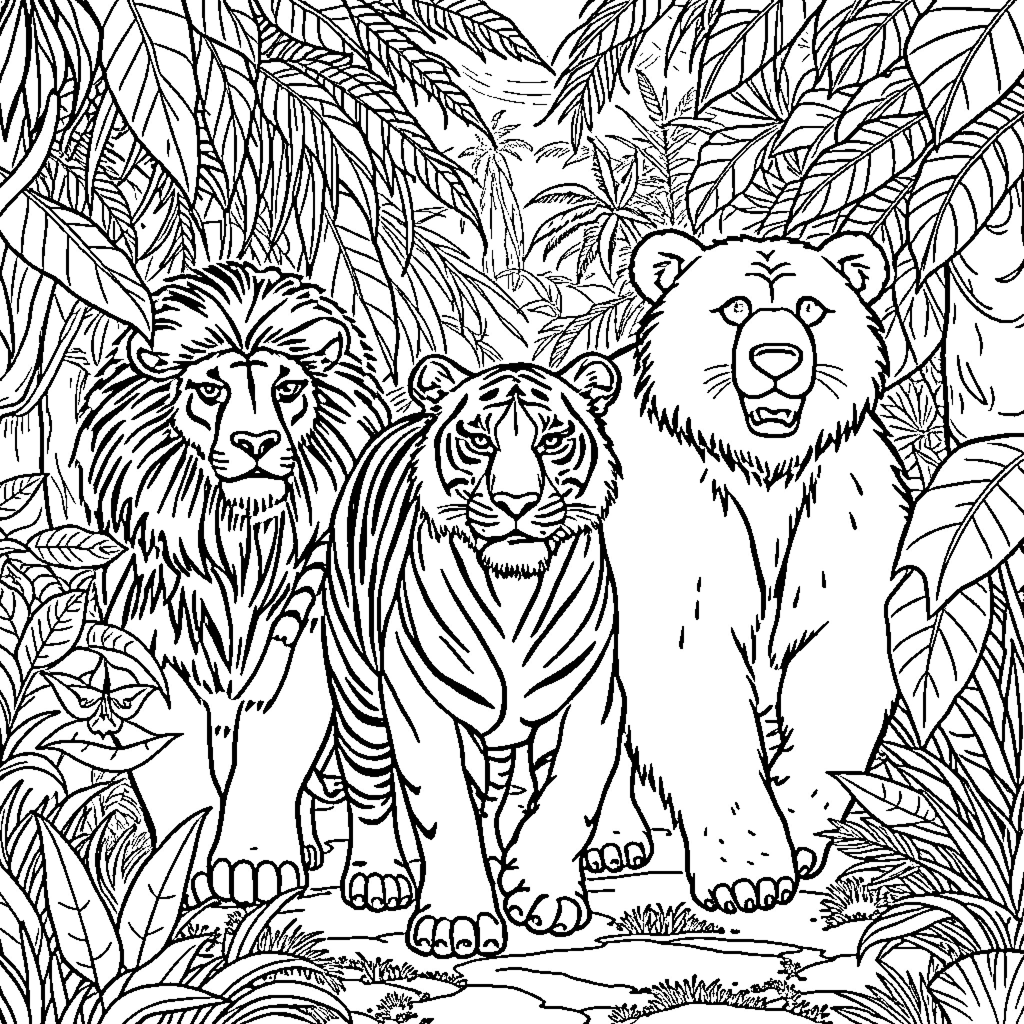 Lion Tiger Bear Explore Jungle Landscape Coloring Page (free black-and-white line drawing printable PDF for all, from beginners to advanced learners, including children, teens, adults, and seniors)