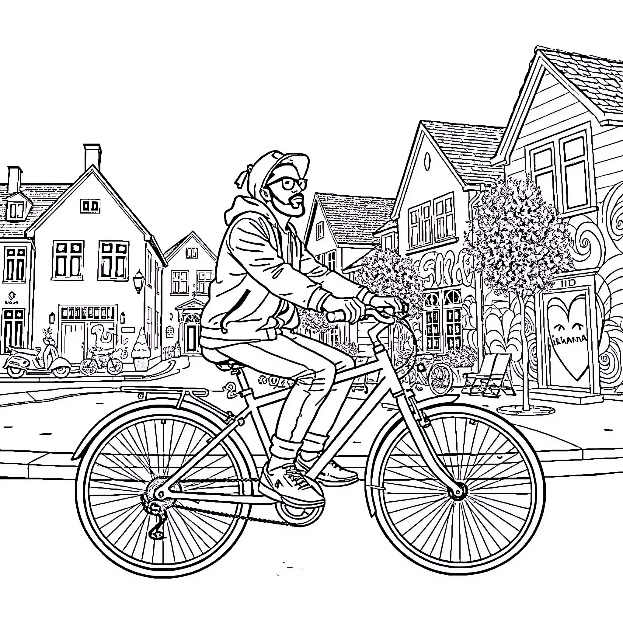Ikhana's Bicycle Adventure Through the Town Coloring Page (free black-and-white line drawing printable PDF for all, from beginners to advanced learners, including children, teens, adults, and seniors)