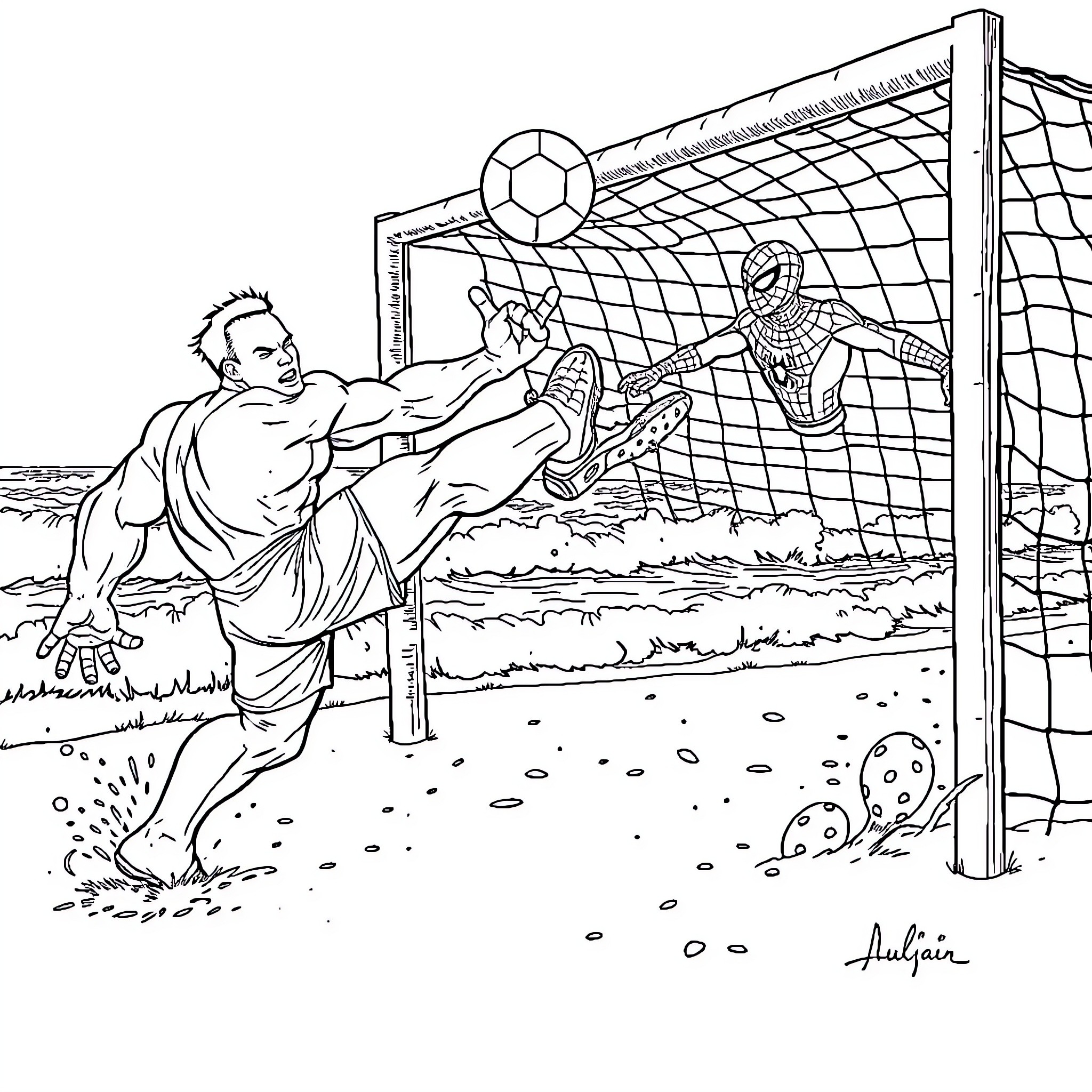 Hulk challenging Spider-Man in a soccer match Coloring Page (free black-and-white line drawing printable PDF for all, from beginners to advanced learners, including children, teens, adults, and seniors)