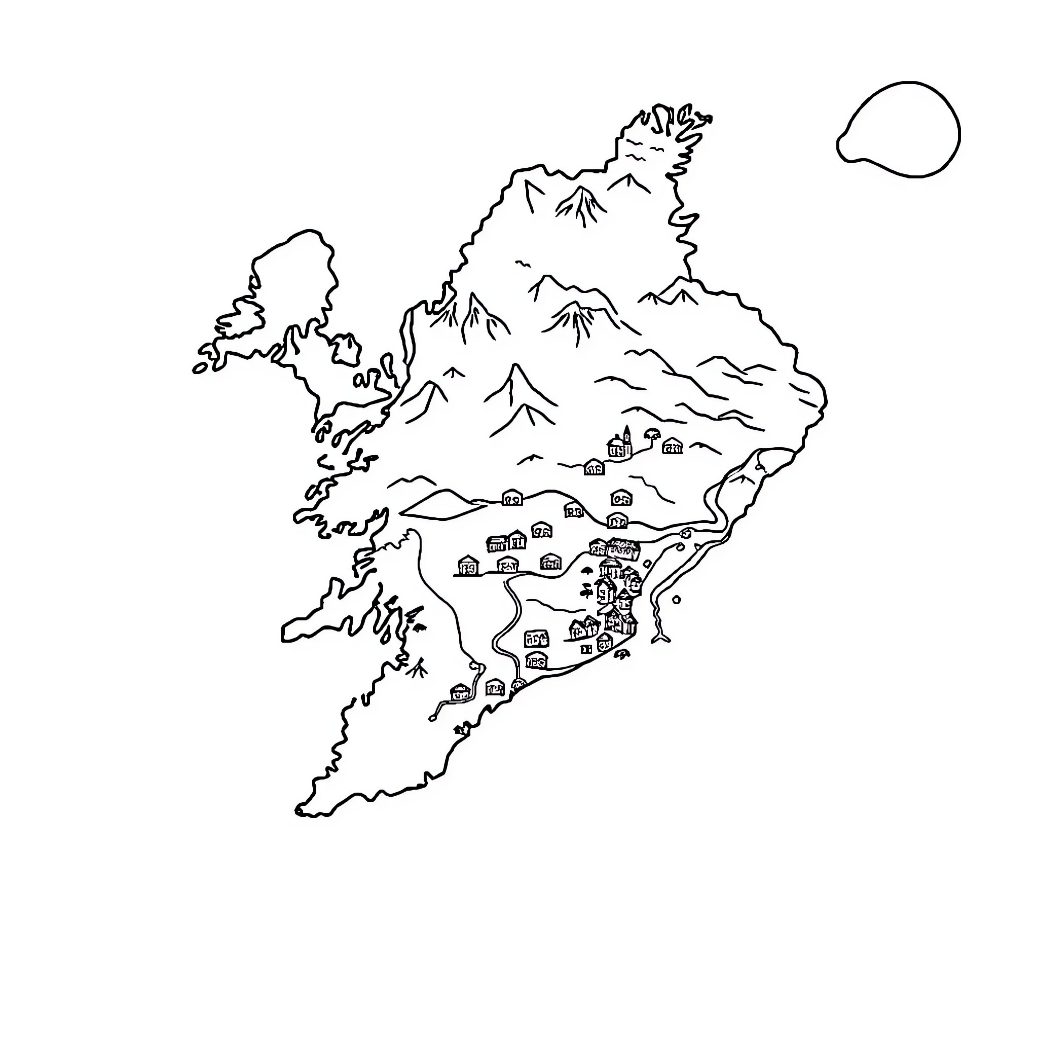 Map of a fantastical island landscape Coloring Page (free black-and-white line drawing printable PDF for all, from beginners to advanced learners, including children, teens, adults, and seniors)