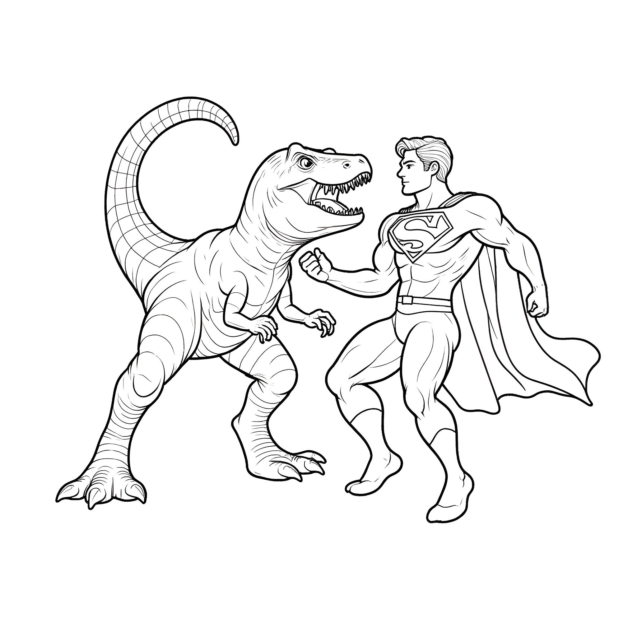 Trex and Superhero Fighting in Action Coloring Page (free black-and-white line drawing printable PDF for all, from beginners to advanced learners, including children, teens, adults, and seniors)