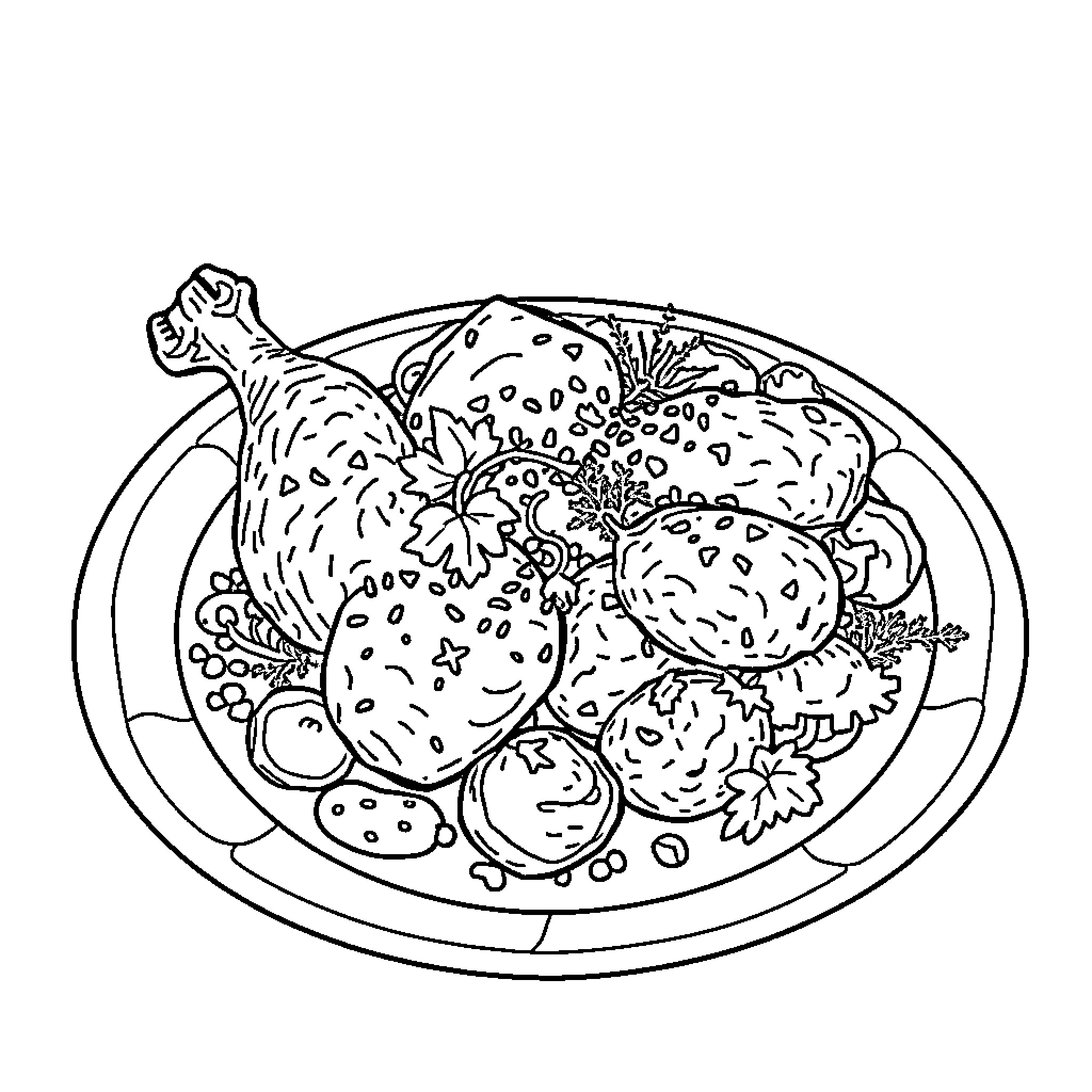 Chicken dish with various vegetables Coloring Page (free black-and-white line drawing printable PDF for all, from beginners to advanced learners, including children, teens, adults, and seniors)
