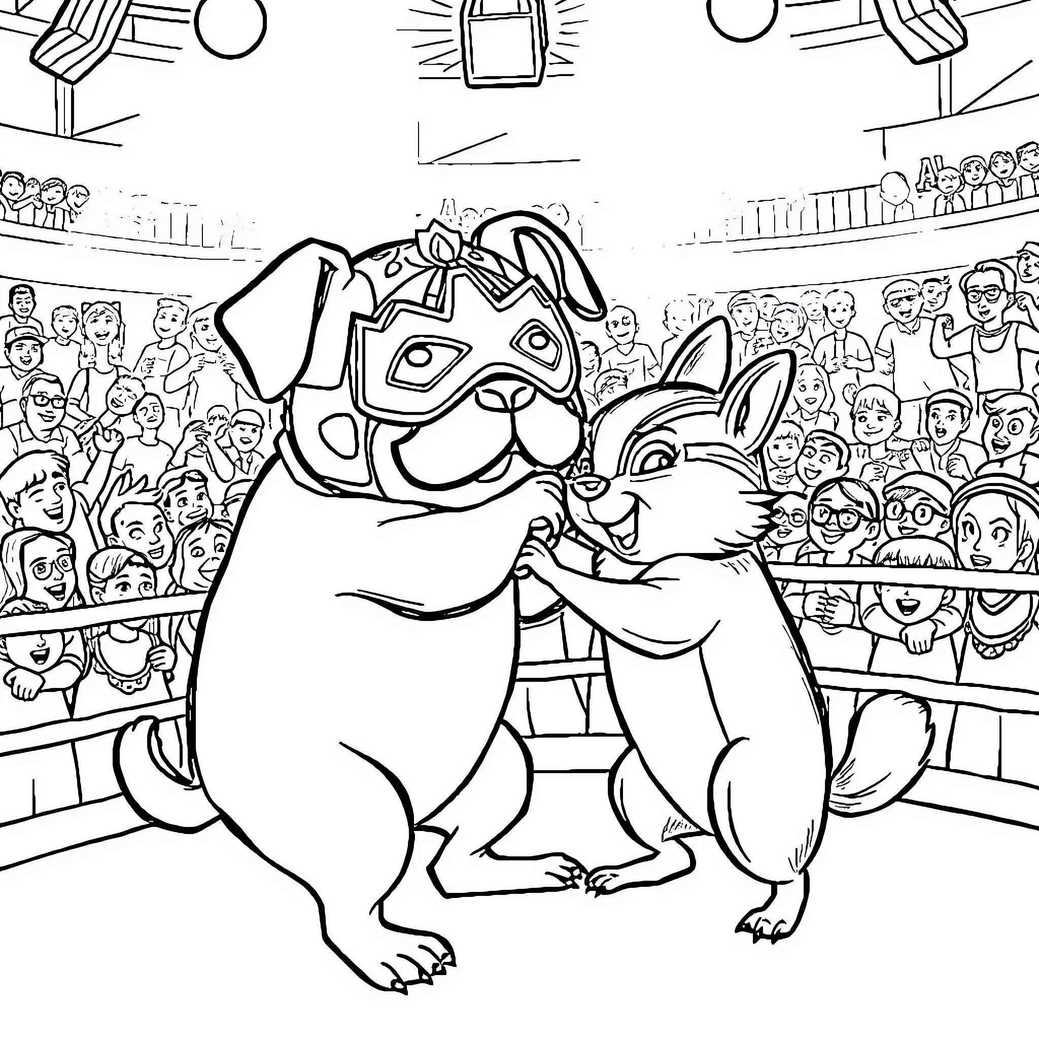 Luchador animals wrestling in the ring Coloring Page (free black-and-white line drawing printable PDF for all, from beginners to advanced learners, including children, teens, adults, and seniors)