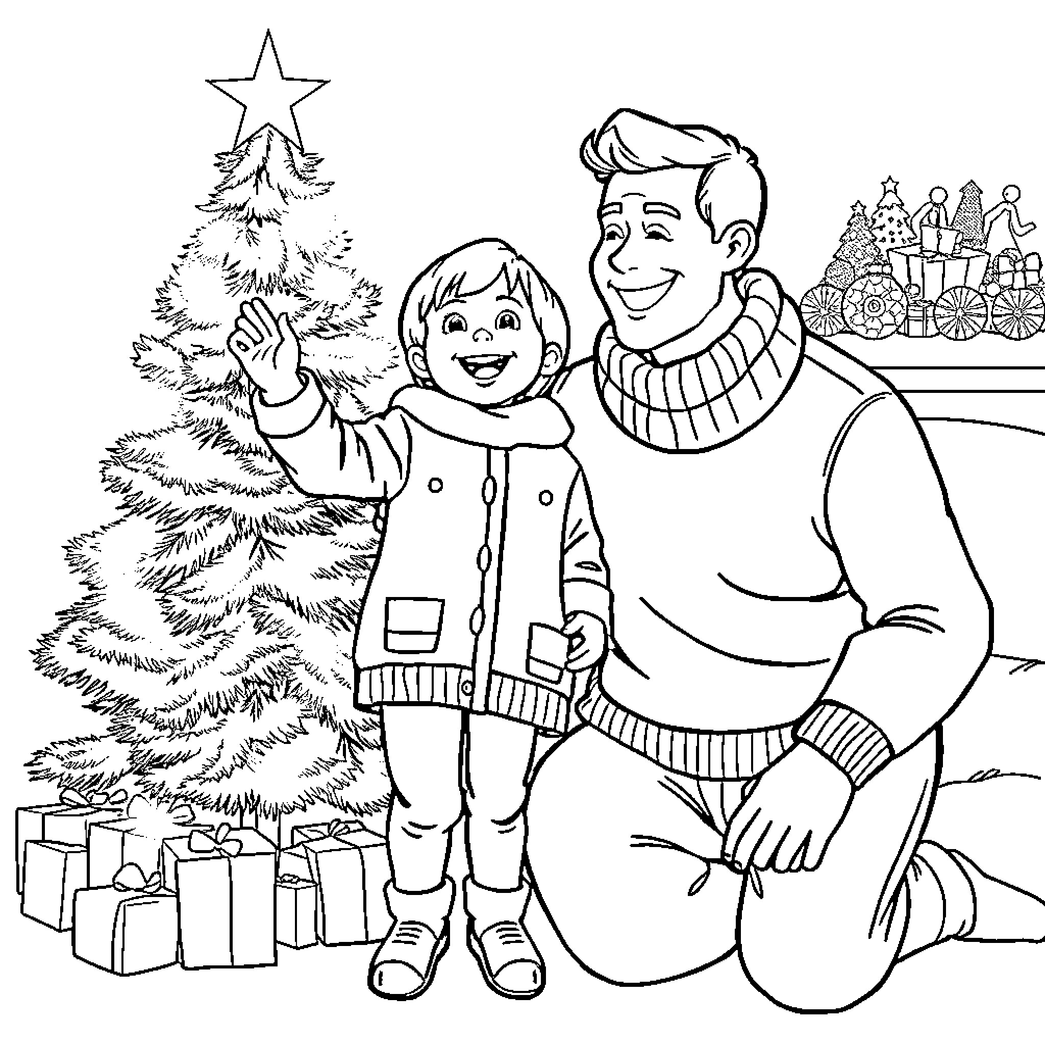 Kid decorating Christmas tree with father Coloring Page (free black-and-white line drawing printable PDF for all, from beginners to advanced learners, including children, teens, adults, and seniors)