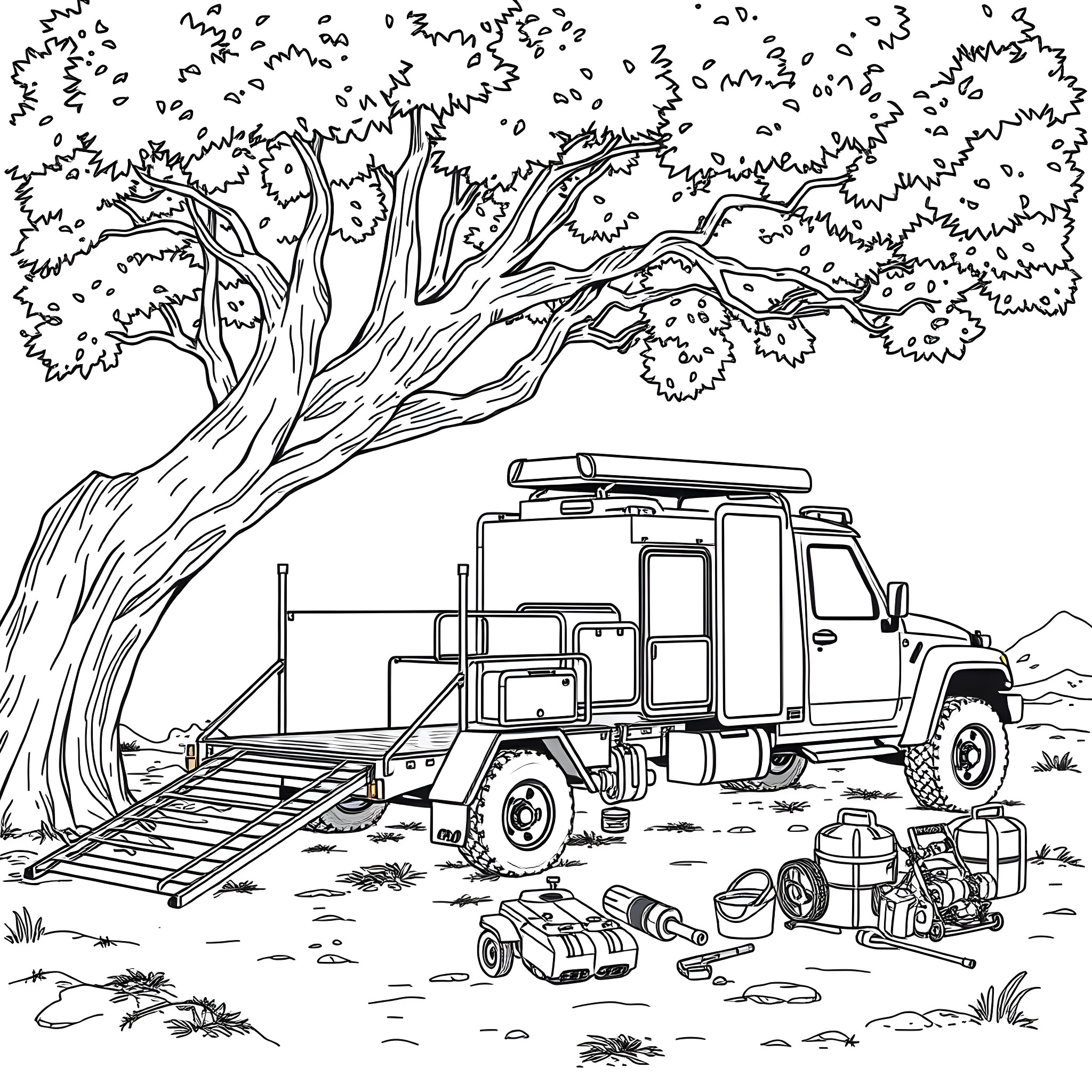 Car Trailer Camping Adventure in the Wilderness Coloring Page (free black-and-white line drawing printable PDF for all, from beginners to advanced learners, including children, teens, adults, and seniors)