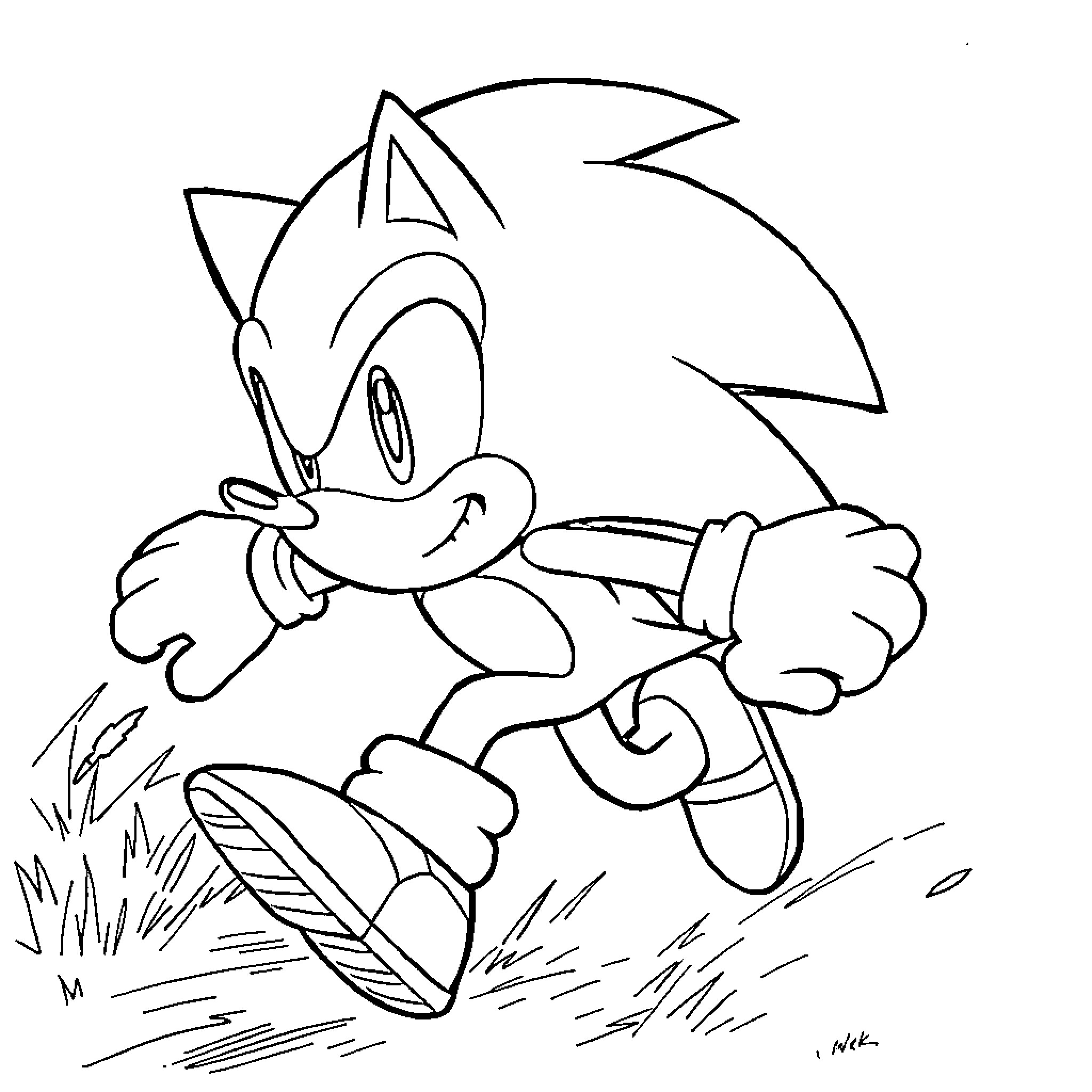 Sonic running joyfully through a field Coloring Page (free black-and-white line drawing printable PDF for all, from beginners to advanced learners, including children, teens, adults, and seniors)