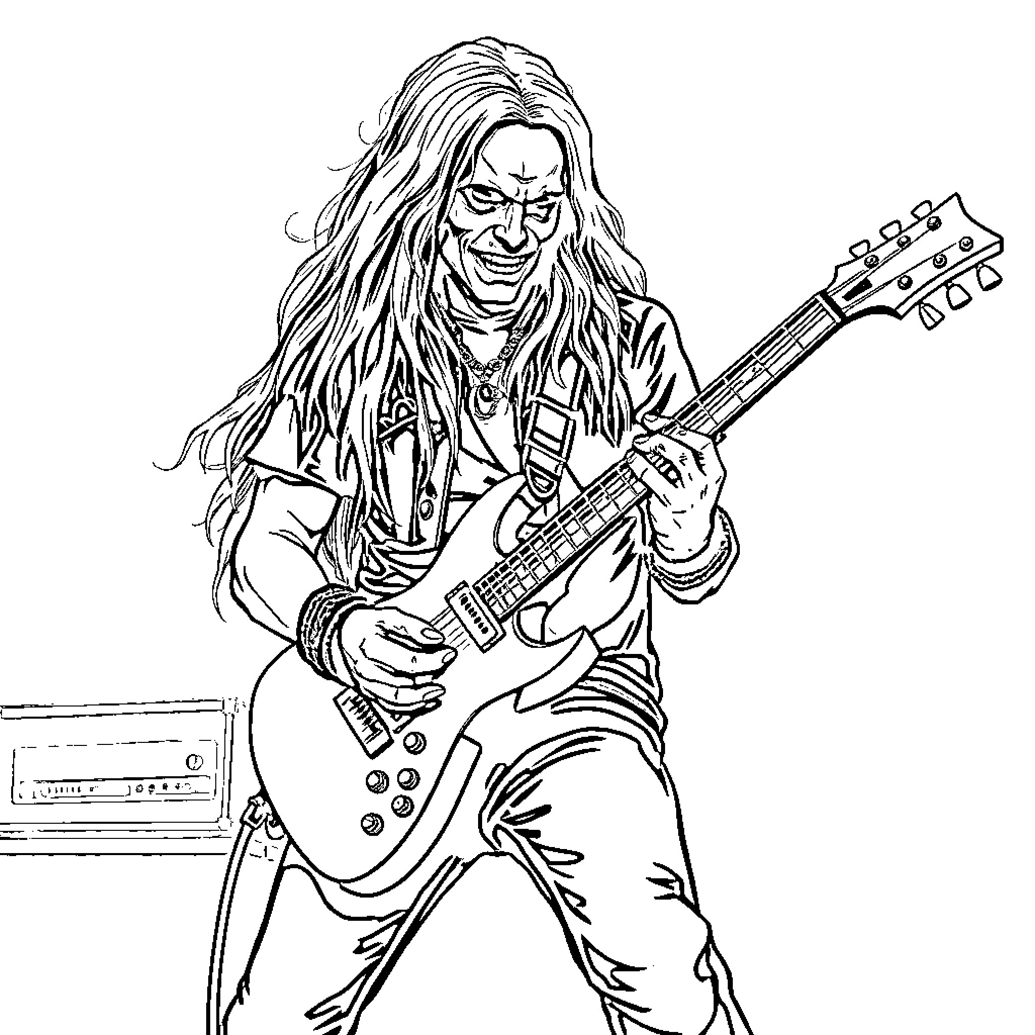 Metalhead guitarist rocking on stage Coloring Page (free black-and-white line drawing printable PDF for all, from beginners to advanced learners, including children, teens, adults, and seniors)