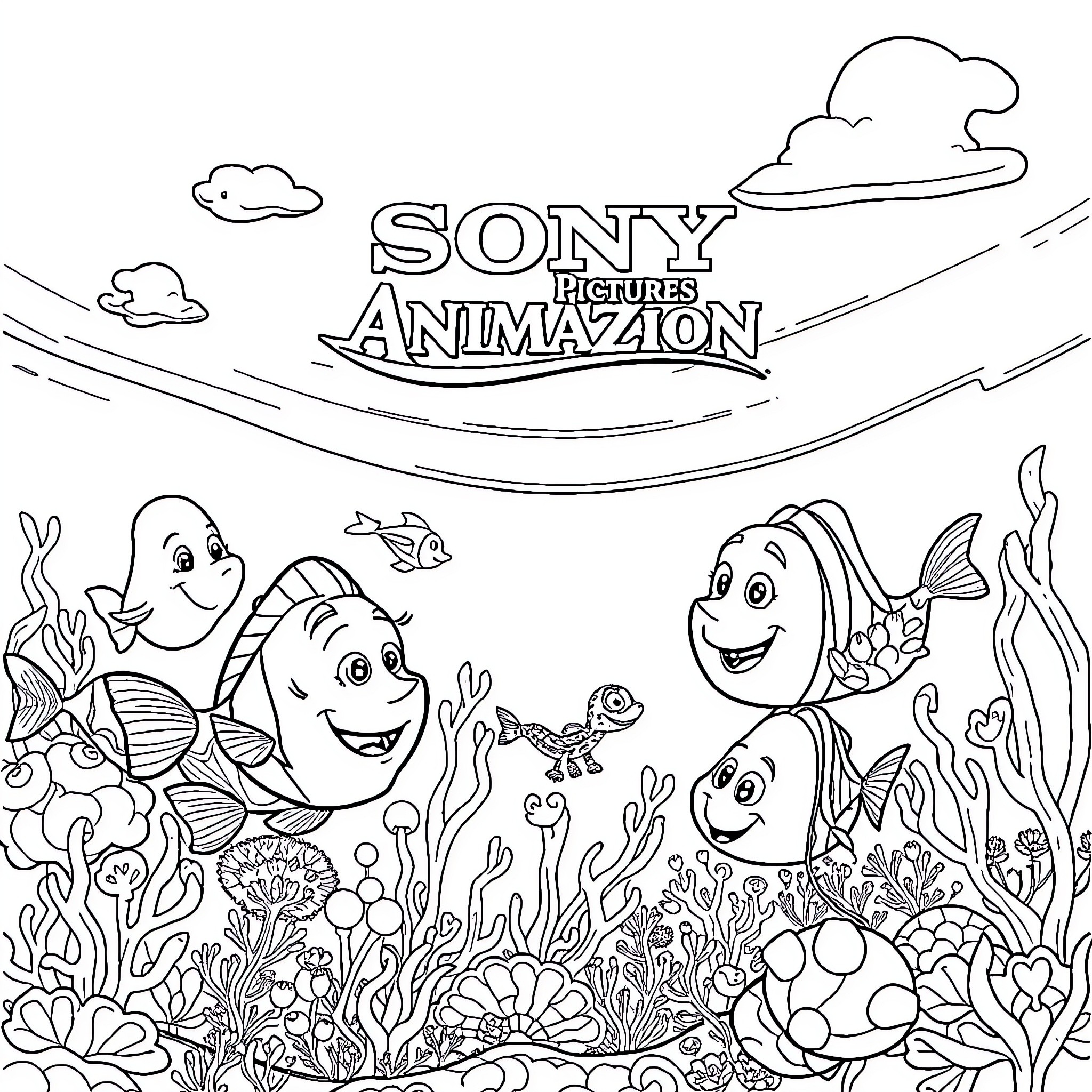 Sea Animals Playing in Underwater Scenery Coloring Page (free black-and-white line drawing printable PDF for all, from beginners to advanced learners, including children, teens, adults, and seniors)