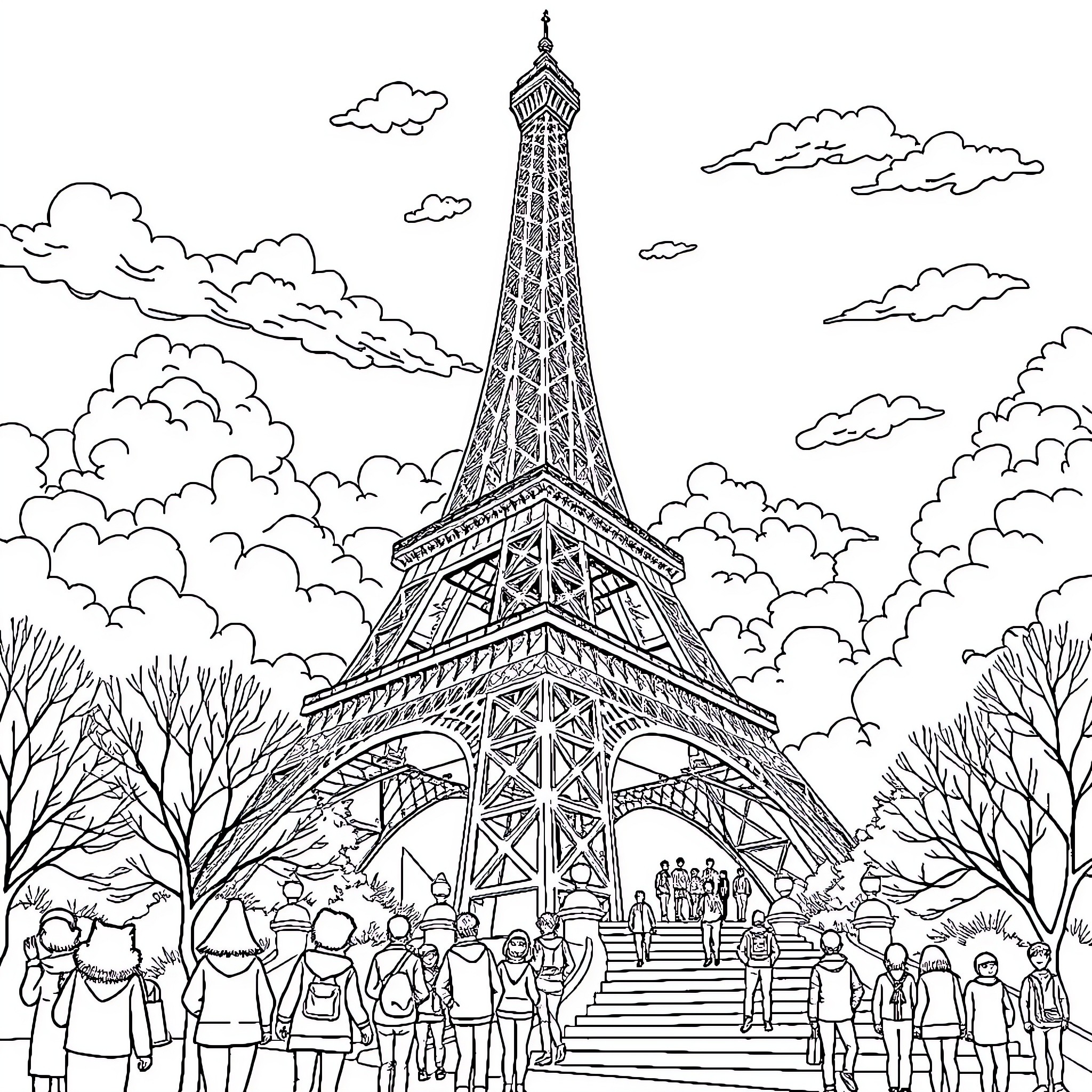 Lutin figures exploring the Eiffel Tower Coloring Page (free black-and-white line drawing printable PDF for all, from beginners to advanced learners, including children, teens, adults, and seniors)