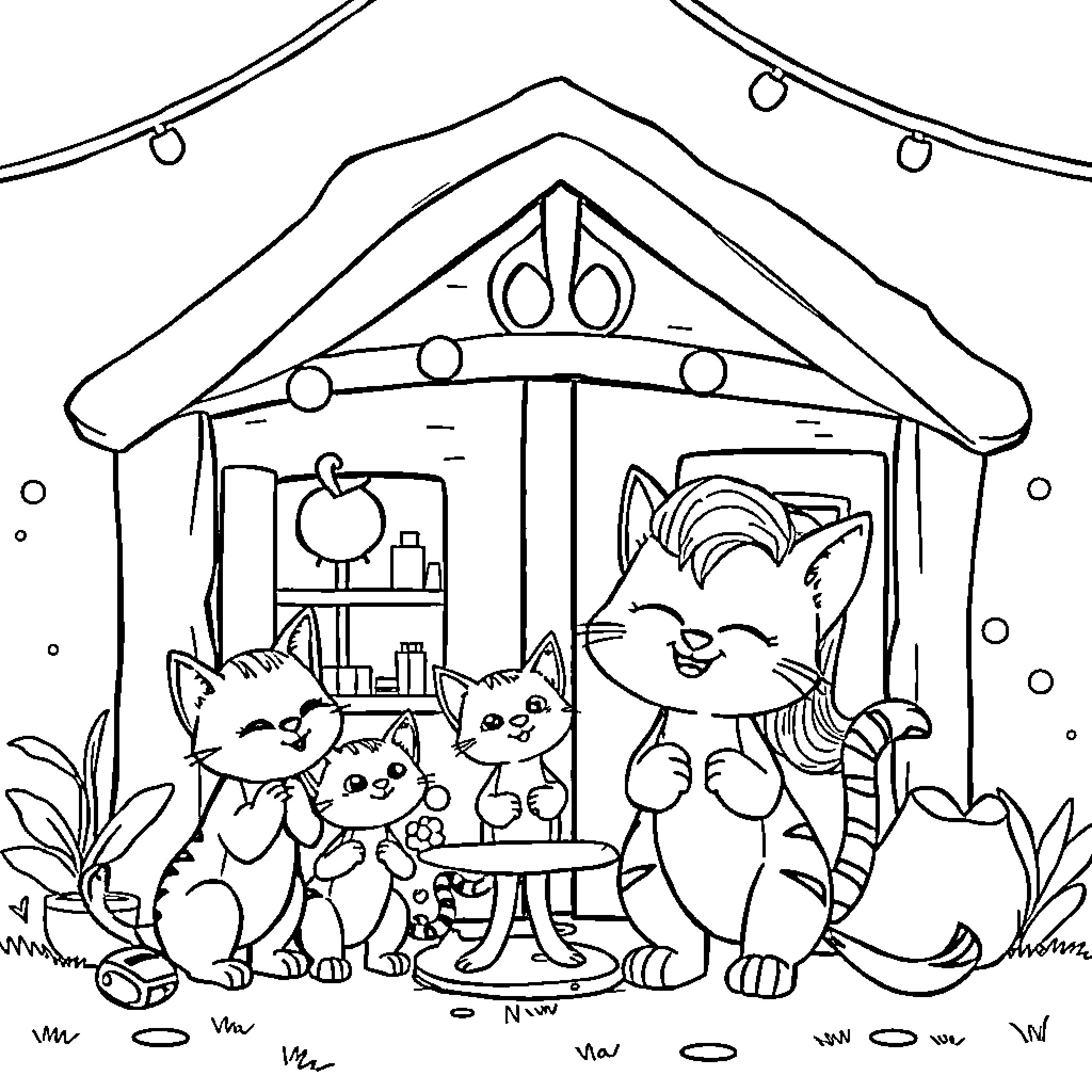Gabby Gato and her feline friends in a cozy cottage Coloring Page (free black-and-white line drawing printable PDF for all, from beginners to advanced learners, including children, teens, adults, and seniors)