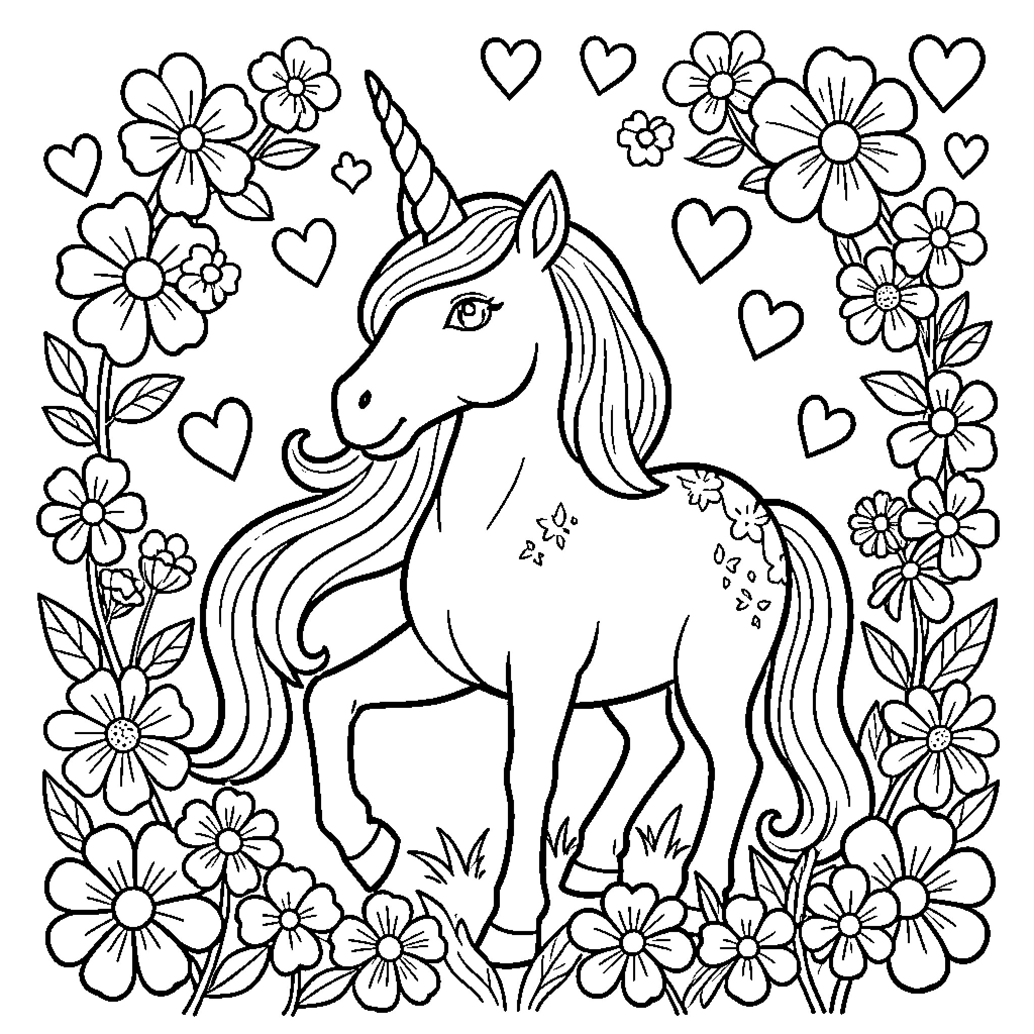 Unicorn standing amidst a field of flowers and hearts Coloring Page (free black-and-white line drawing printable PDF for all, from beginners to advanced learners, including children, teens, adults, and seniors)