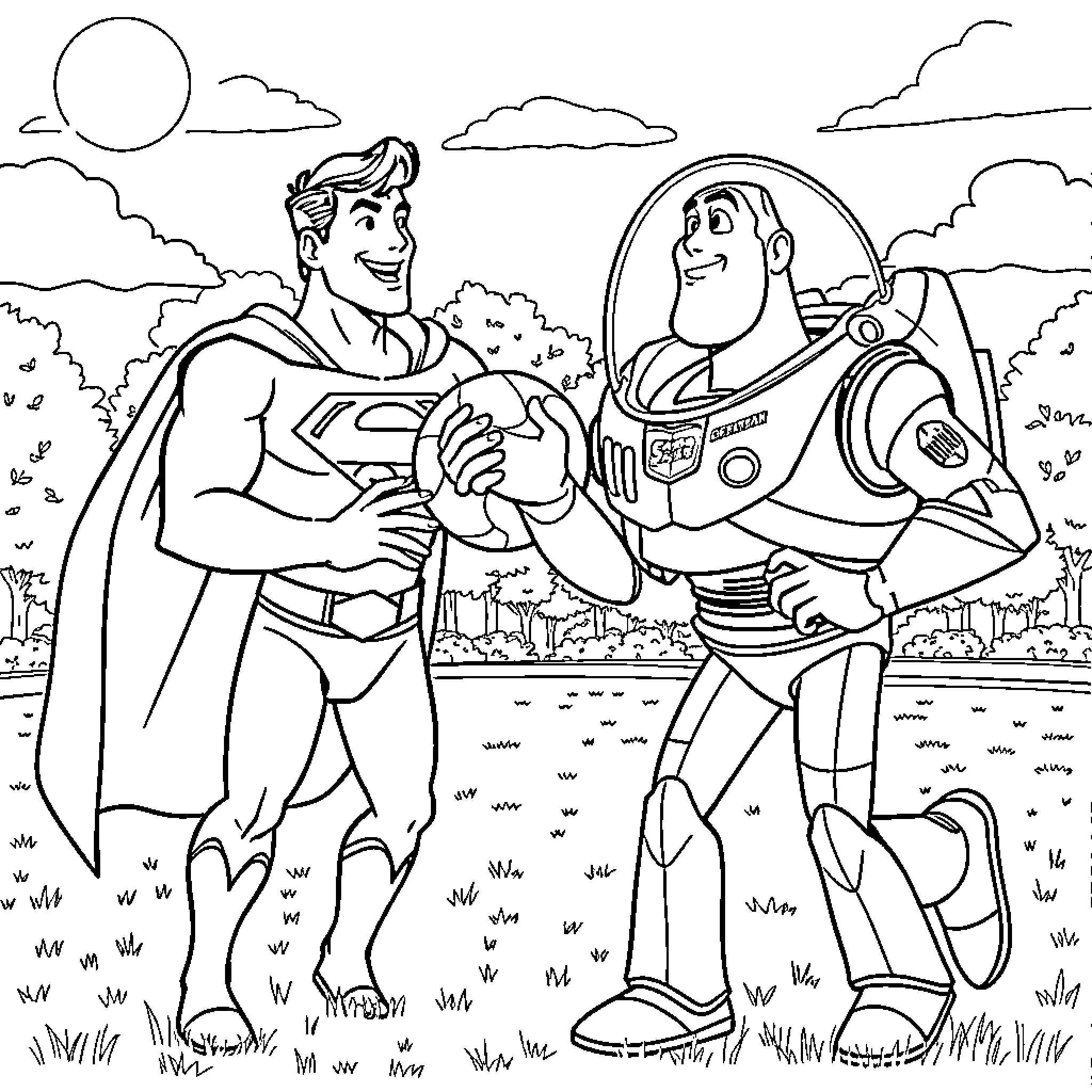 Superman and Buzz Lightyear in an Outdoor Adventure Coloring Page (free black-and-white line drawing printable PDF for all, from beginners to advanced learners, including children, teens, adults, and seniors)